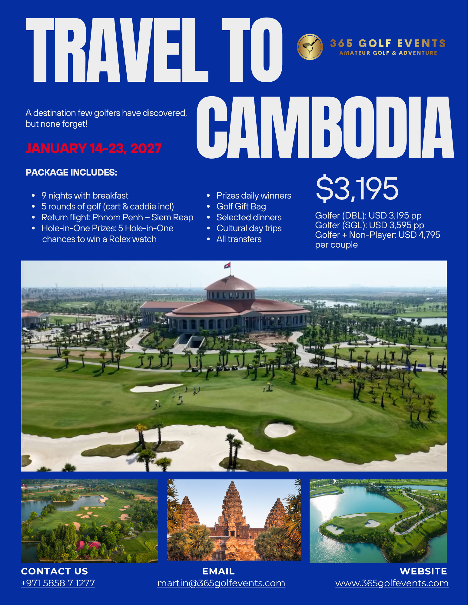 Promotional flyer for a golf travel package to Cambodia with dates January 14-23, 2027. Includes details about accommodation, golf rounds, flights, and prices, along with contact information, email, and website.