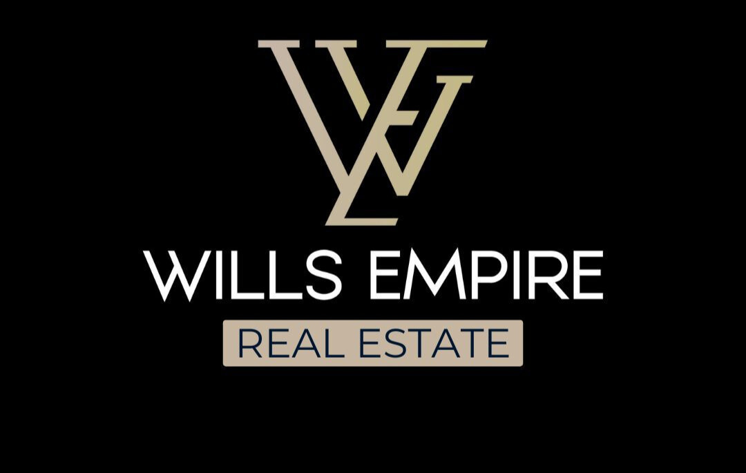 Wills Empire Real Estate logo with stylized 'W' and 'E' initials in gold and silver on black background.