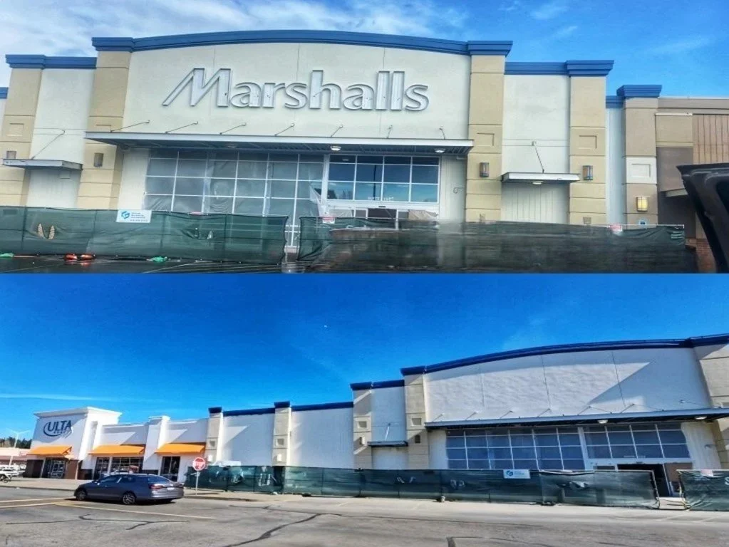Past commercial project split view  of  Marshalls Dept. store. Top with sign, bottom before construction was complete without sign. 