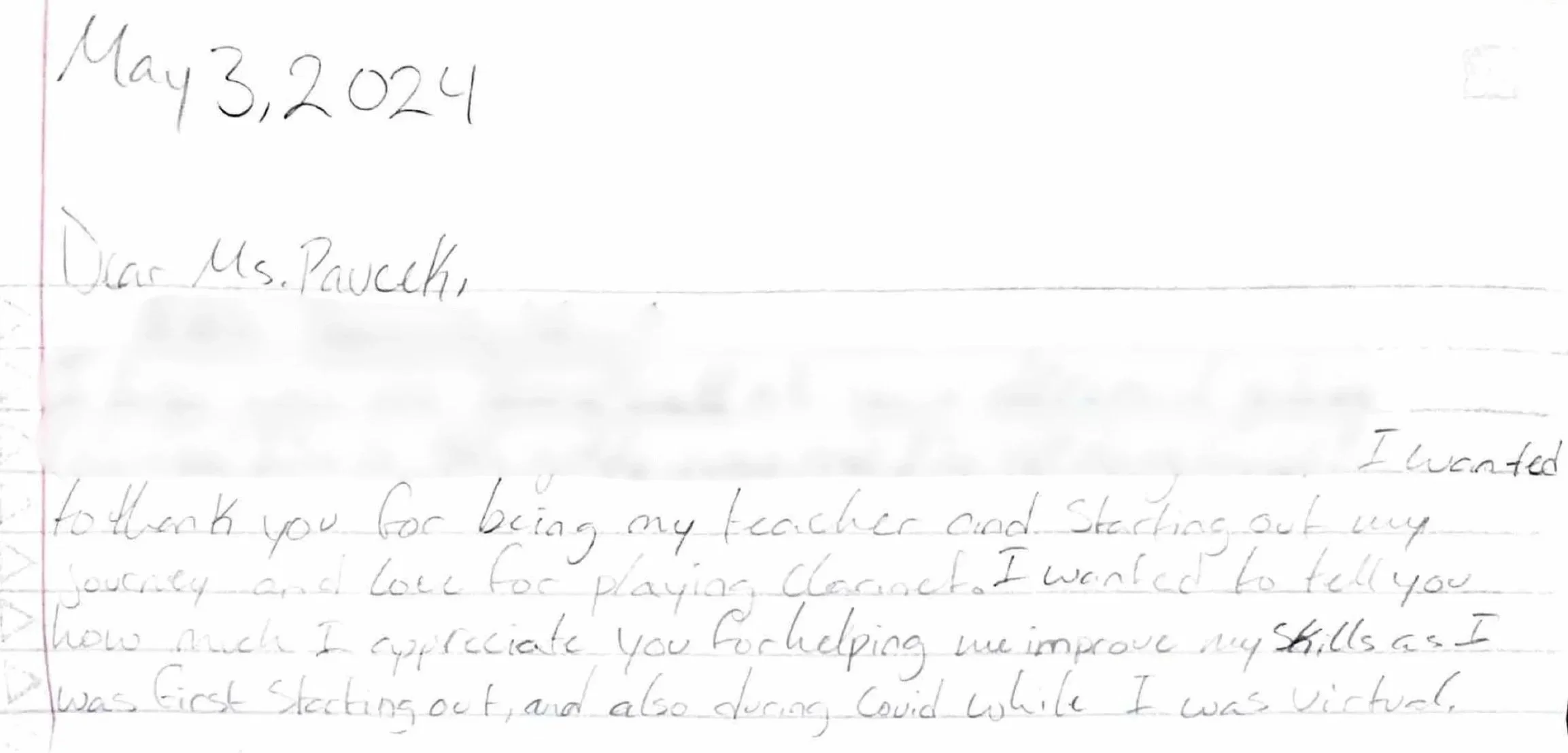 A handwritten letter expressing gratitude for being a teacher and the beginning of a journey of learning and growth.