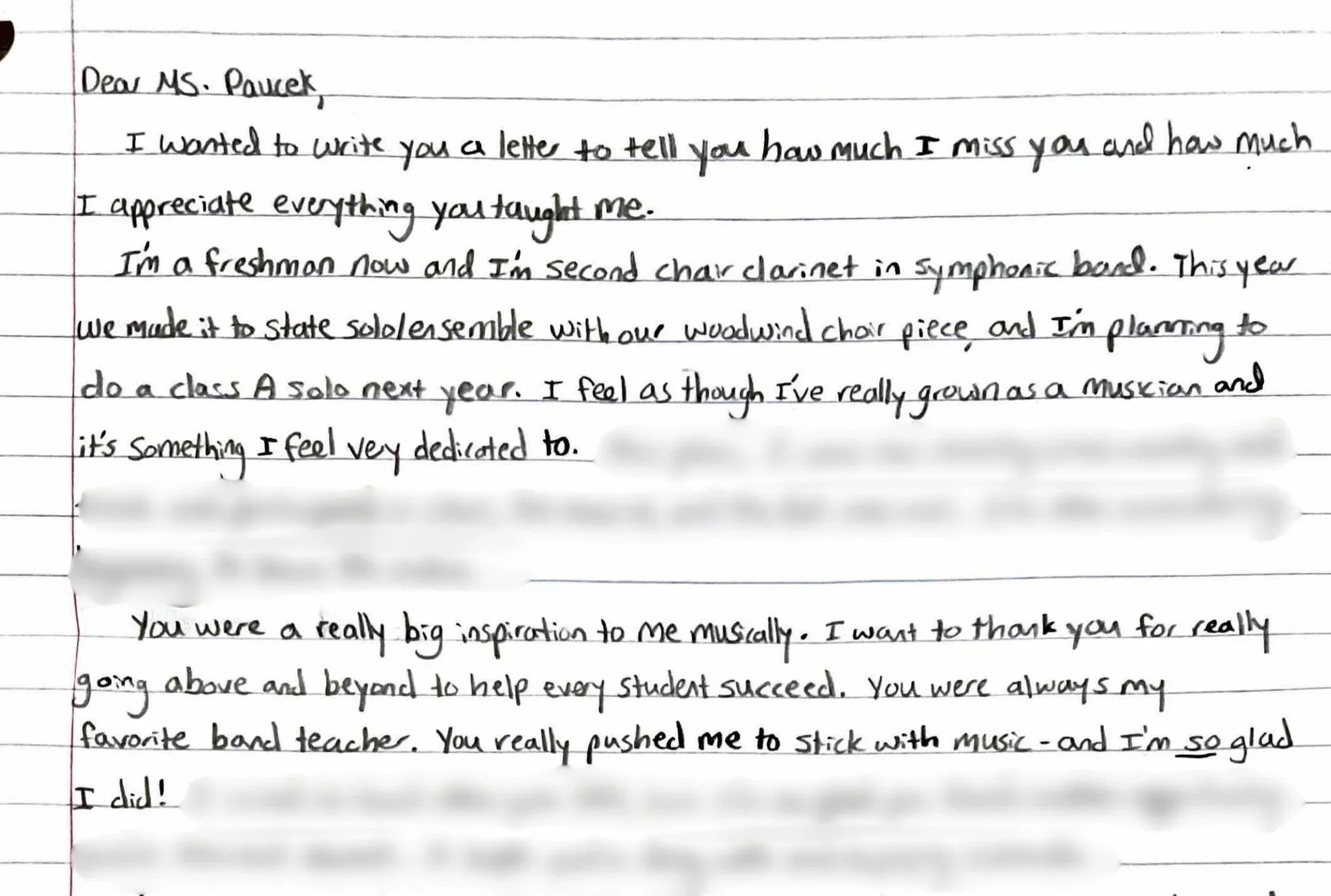 A handwritten letter on lined paper discussing appreciation for a teacher and personal growth.
