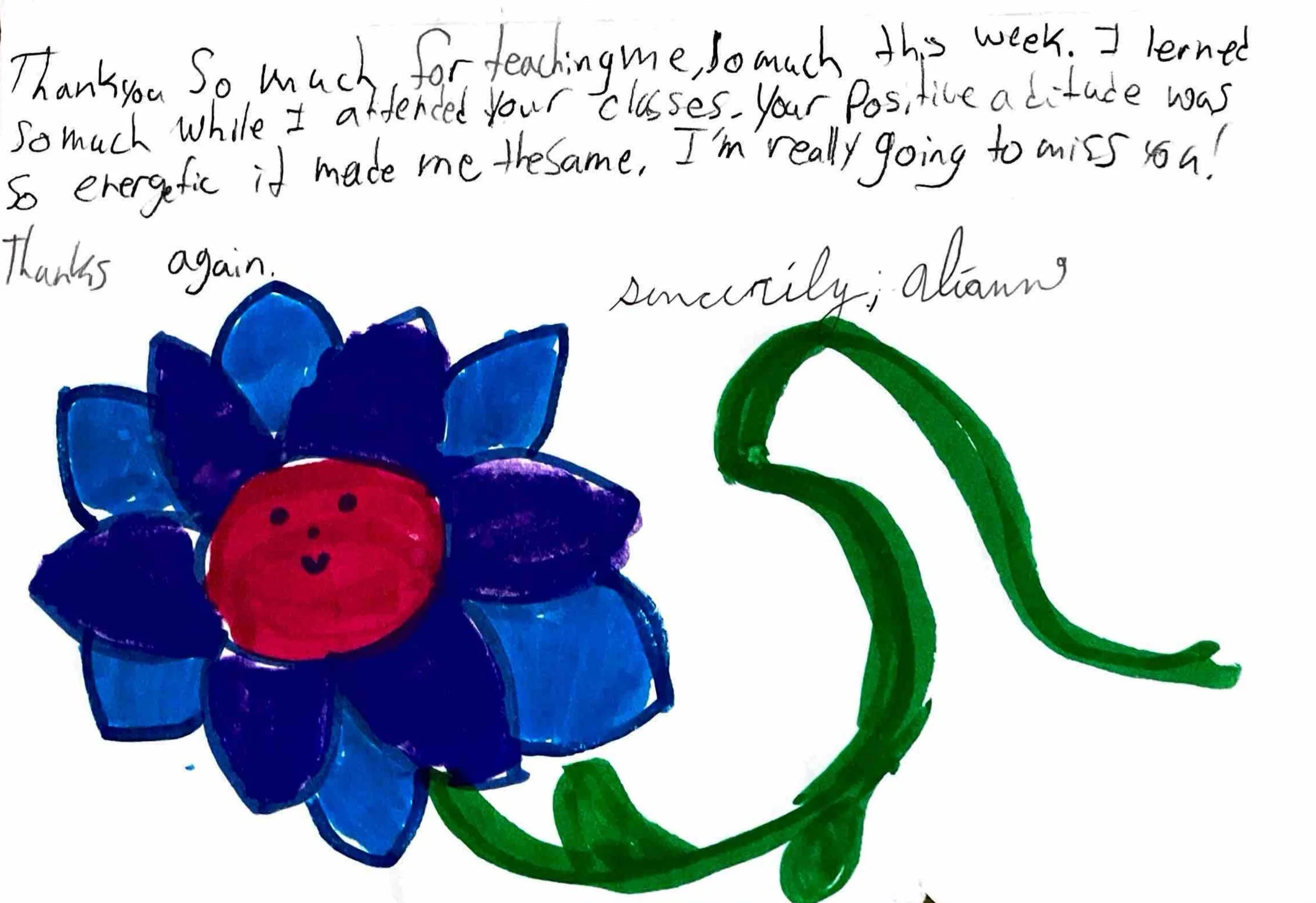 Handwritten note expressing gratitude and saying goodbye, with a colorful drawing of a blue flower with a red center and green stems.