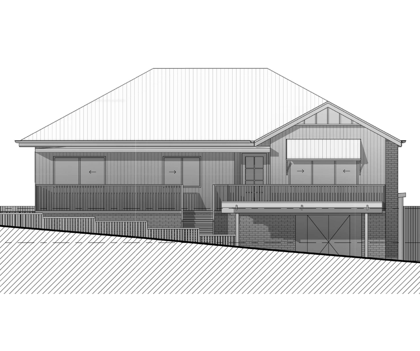 Blueprint drawing of a house with a gabled roof, porch, and garage, situated on a sloped lot.