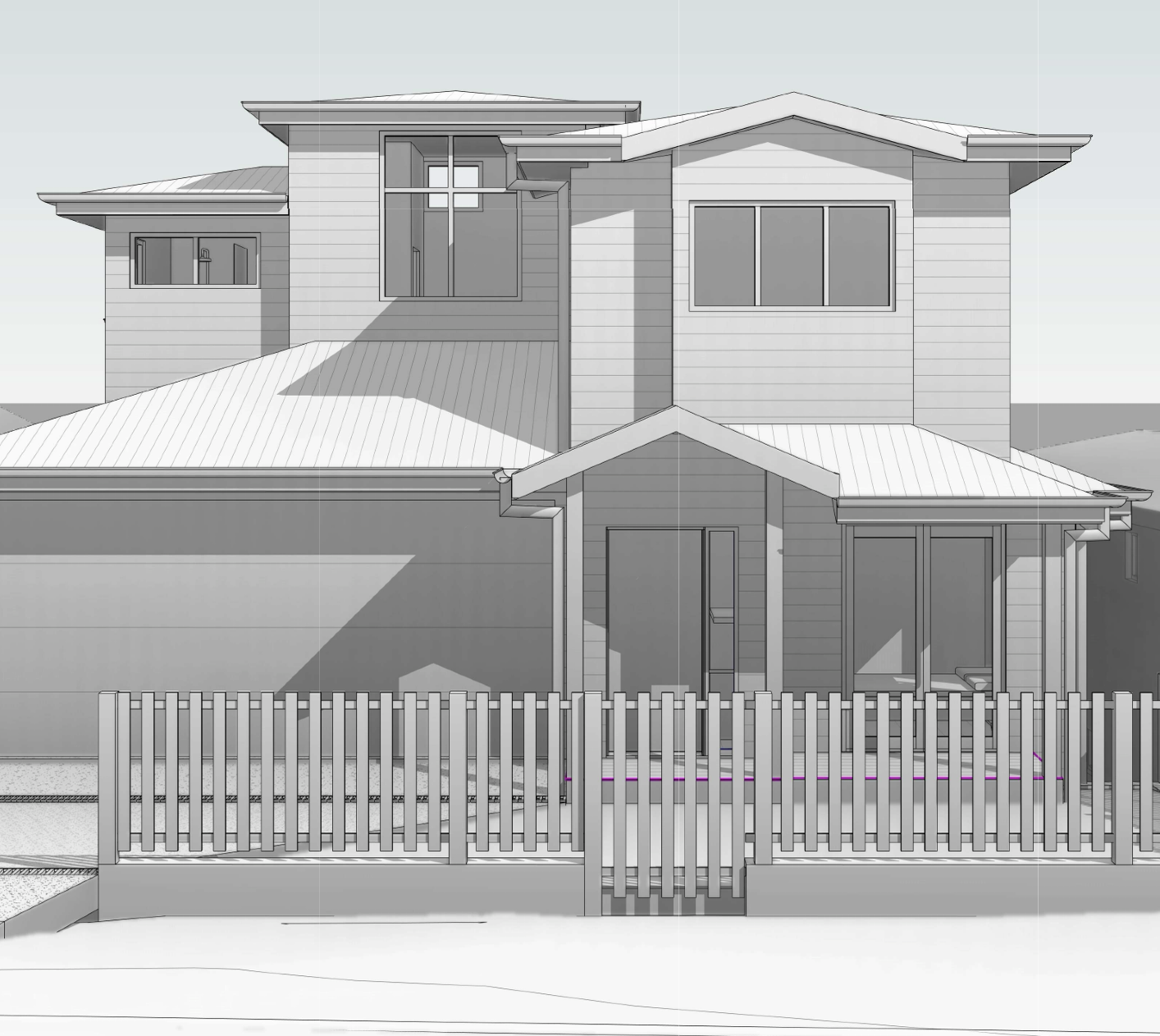 Architectural rendering of a modern two-story house with large windows, a sloped roof, and a wooden picket fence in front.