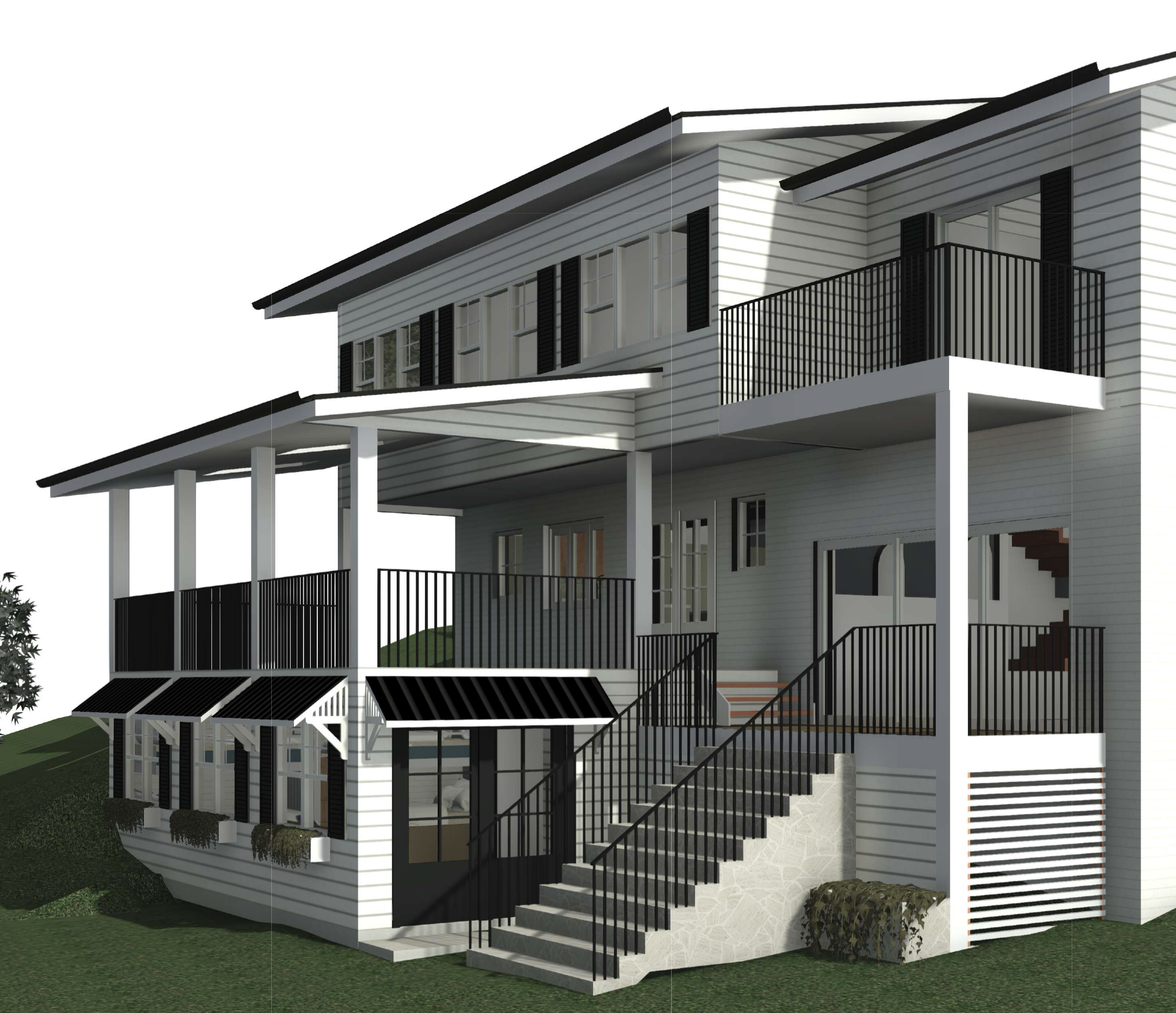 A modern three-story house with white siding, black shutters, and multiple balconies with black railings, situated on a grassy slope.