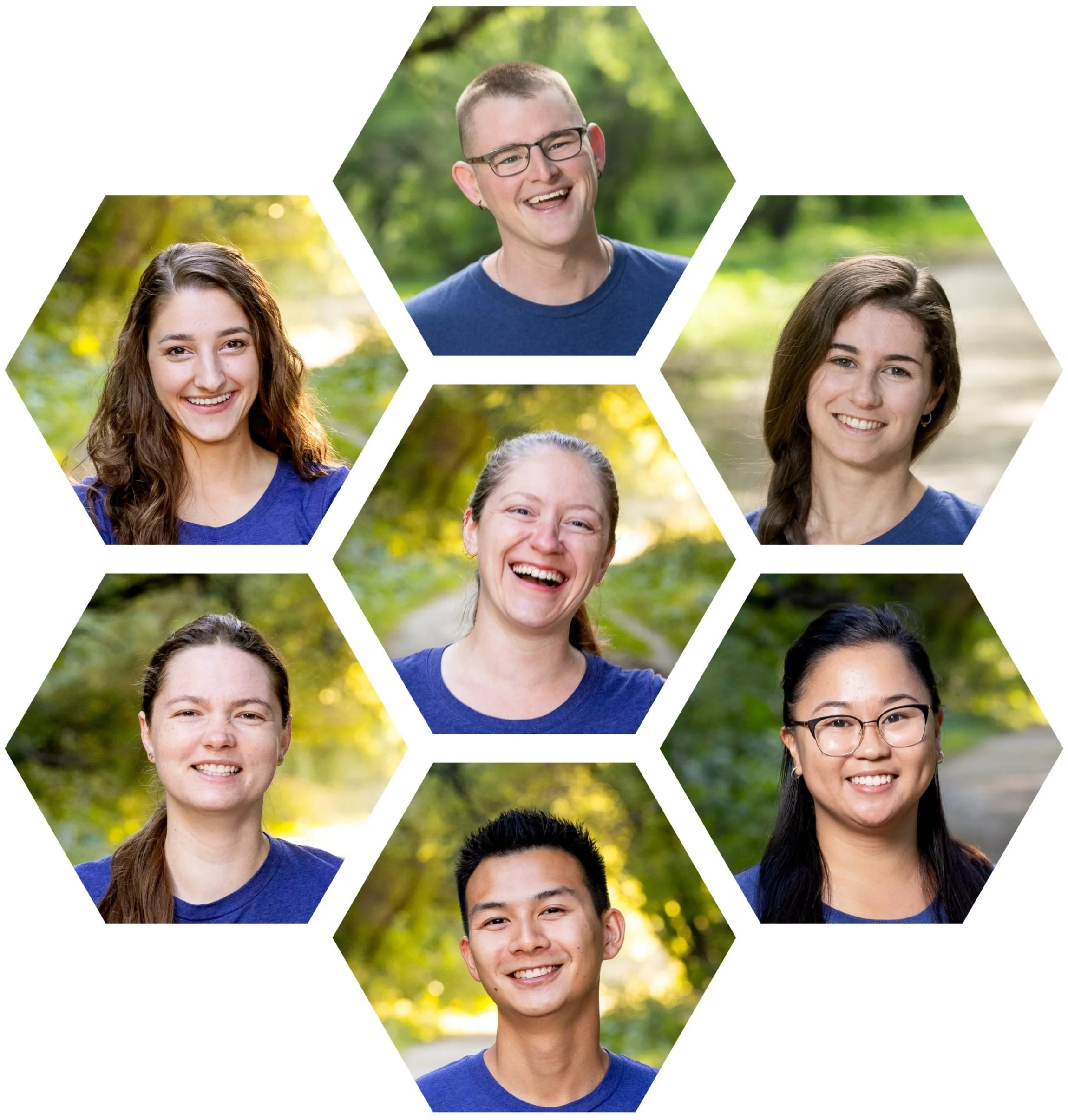 Collage of seven physical rehab therapists smiling outdoors in hexagonal frames.