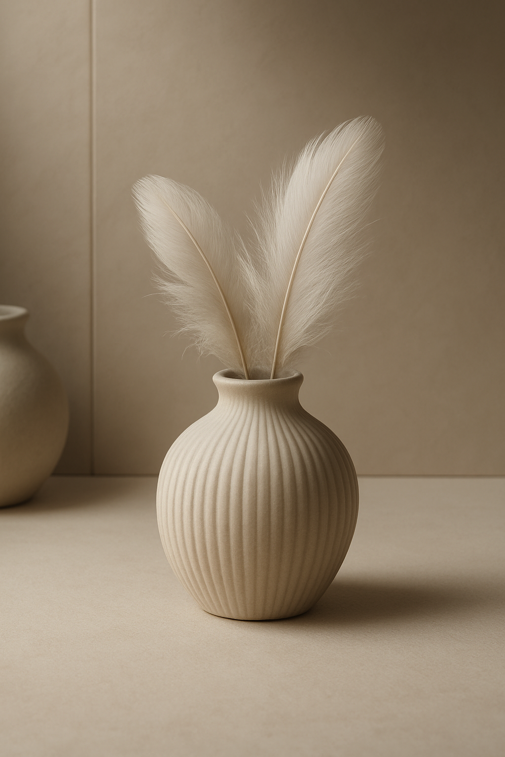 Cream-colored vase with vertical ridges holding two nestled white fluffy feathers.