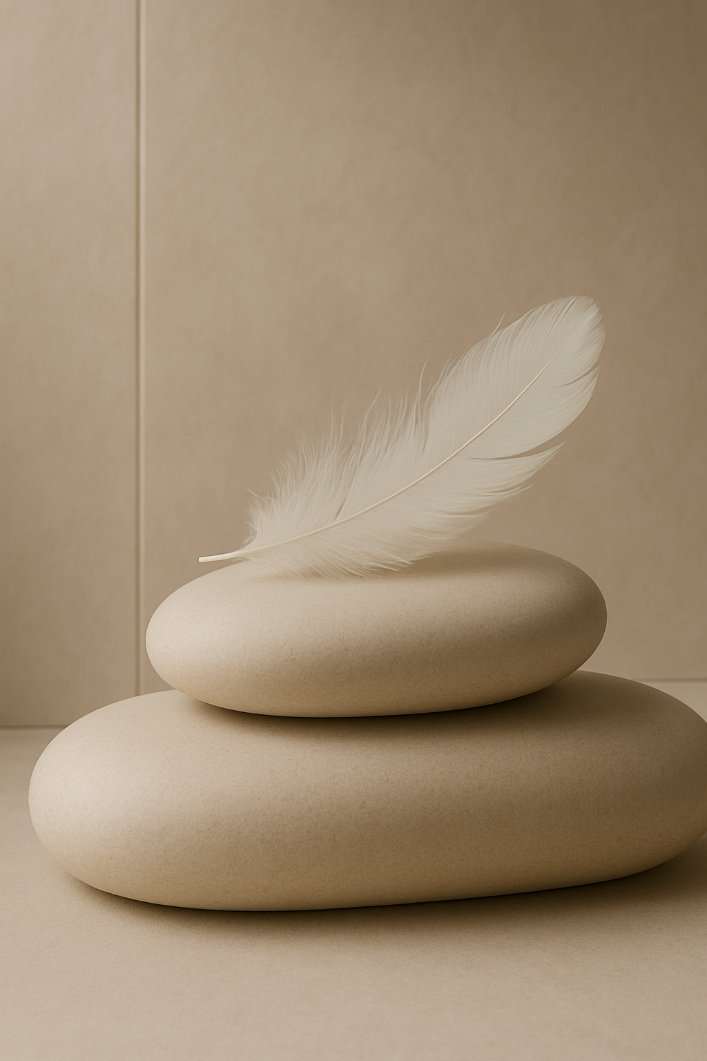 A white feather resting on two stacked smooth beige stones against a beige background.