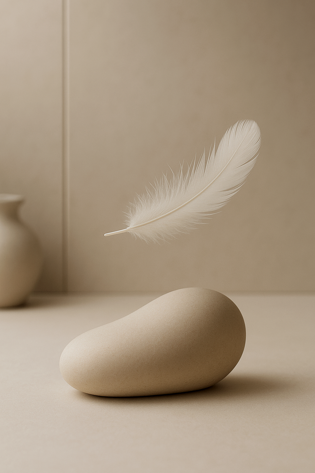 A beige, smooth stone balancing on a flat surface with a white feather floating above it as if it is in full flight, against a neutral background.