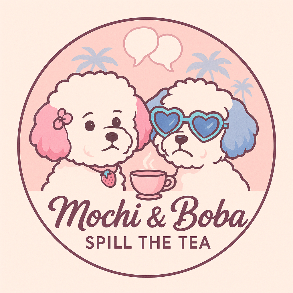 A pastel-colored illustration of two cute dogs with fluffy fur, one with pink ears and a pink flower on its head, and the other with blue ears wearing heart-shaped sunglasses. They are sitting next to a steaming pink teacup with the text "Mochi & Boba Spill the Tea" below. Palm trees and speech bubbles are in the background.