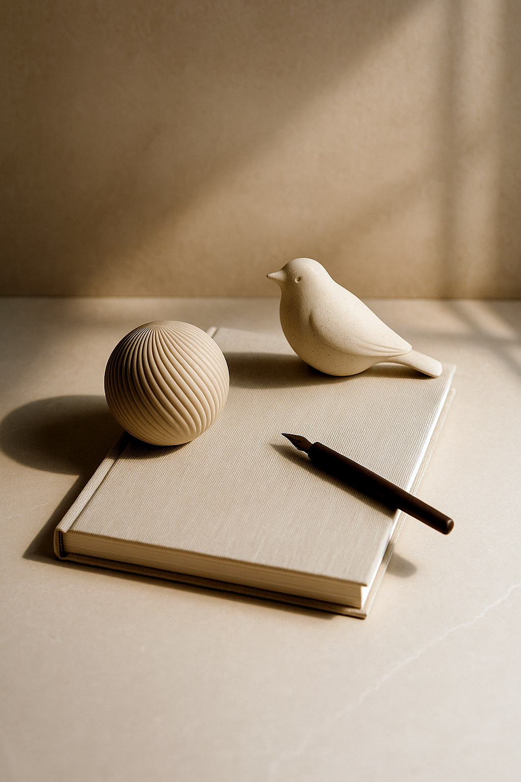 A beige hardcover notebook with a textured surface on a beige surface, accompanied by a black fountain pen, a white textured spherical object, and a white ceramic bird figurine.