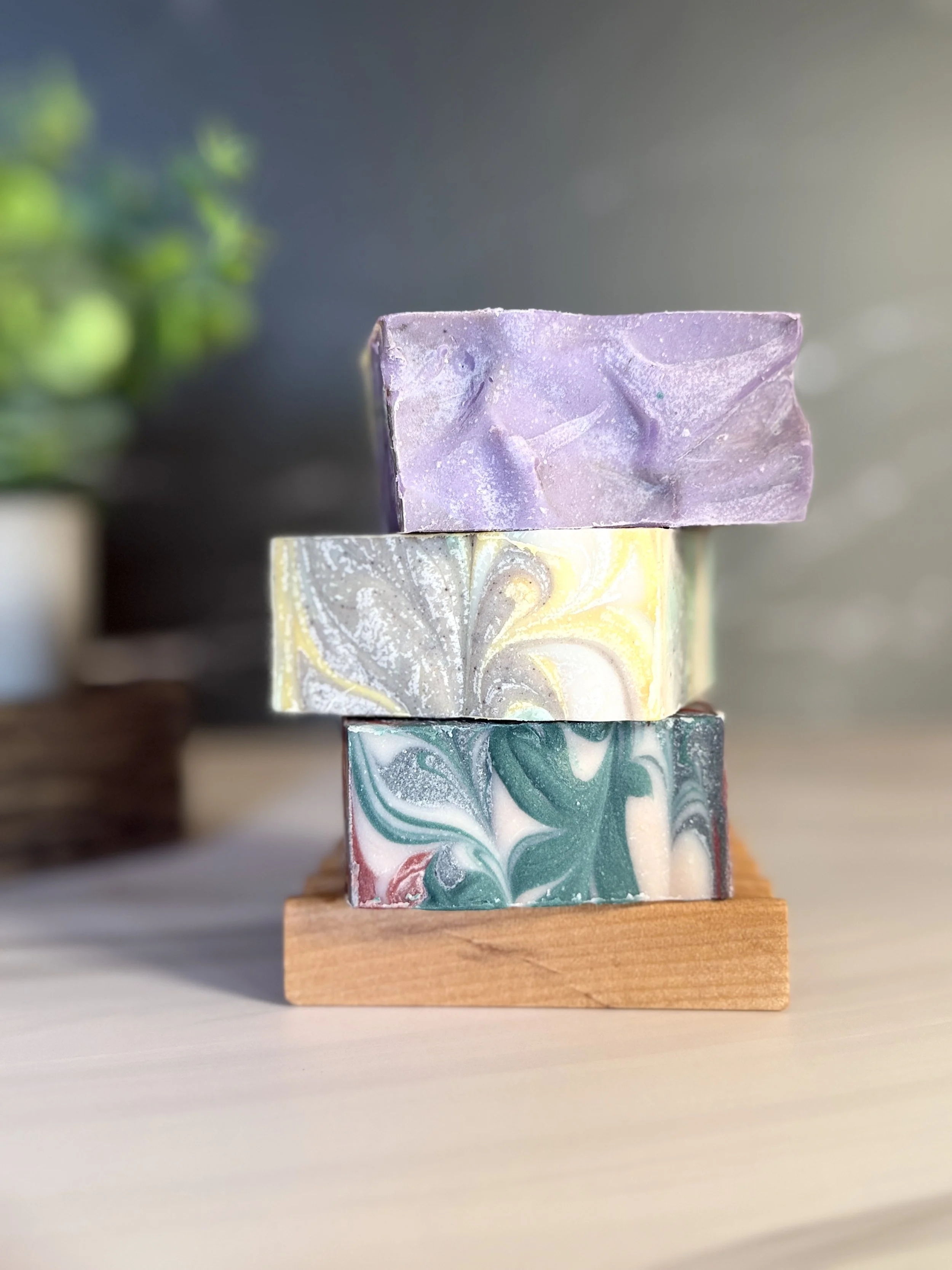Assorted goat milk soaps from our winter 2026 collection.