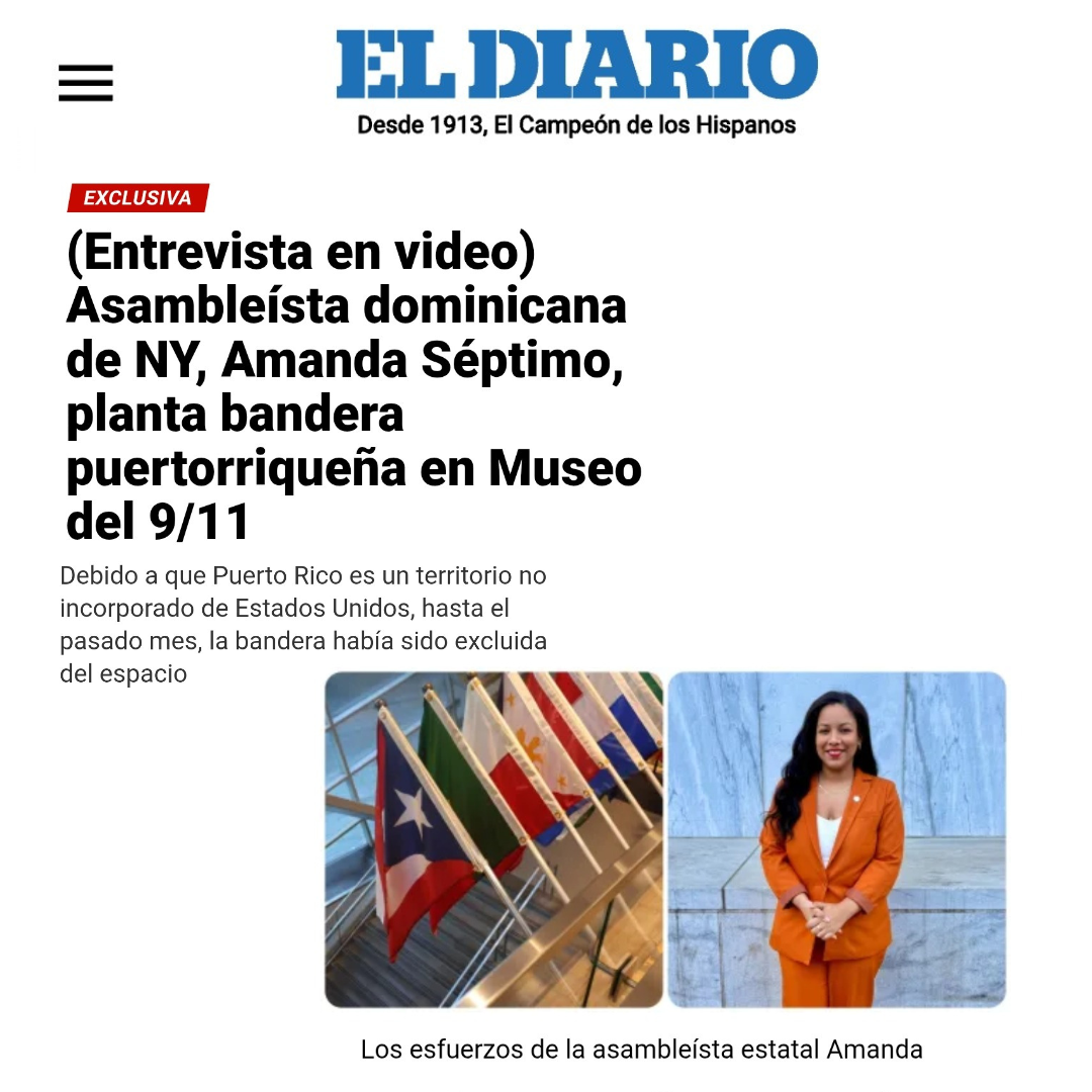 Screenshot of El Diario news website showing an article about Amanda Séptimo, a Dominican assemblywoman in New York, with an image of several flags and a woman in an orange suit.