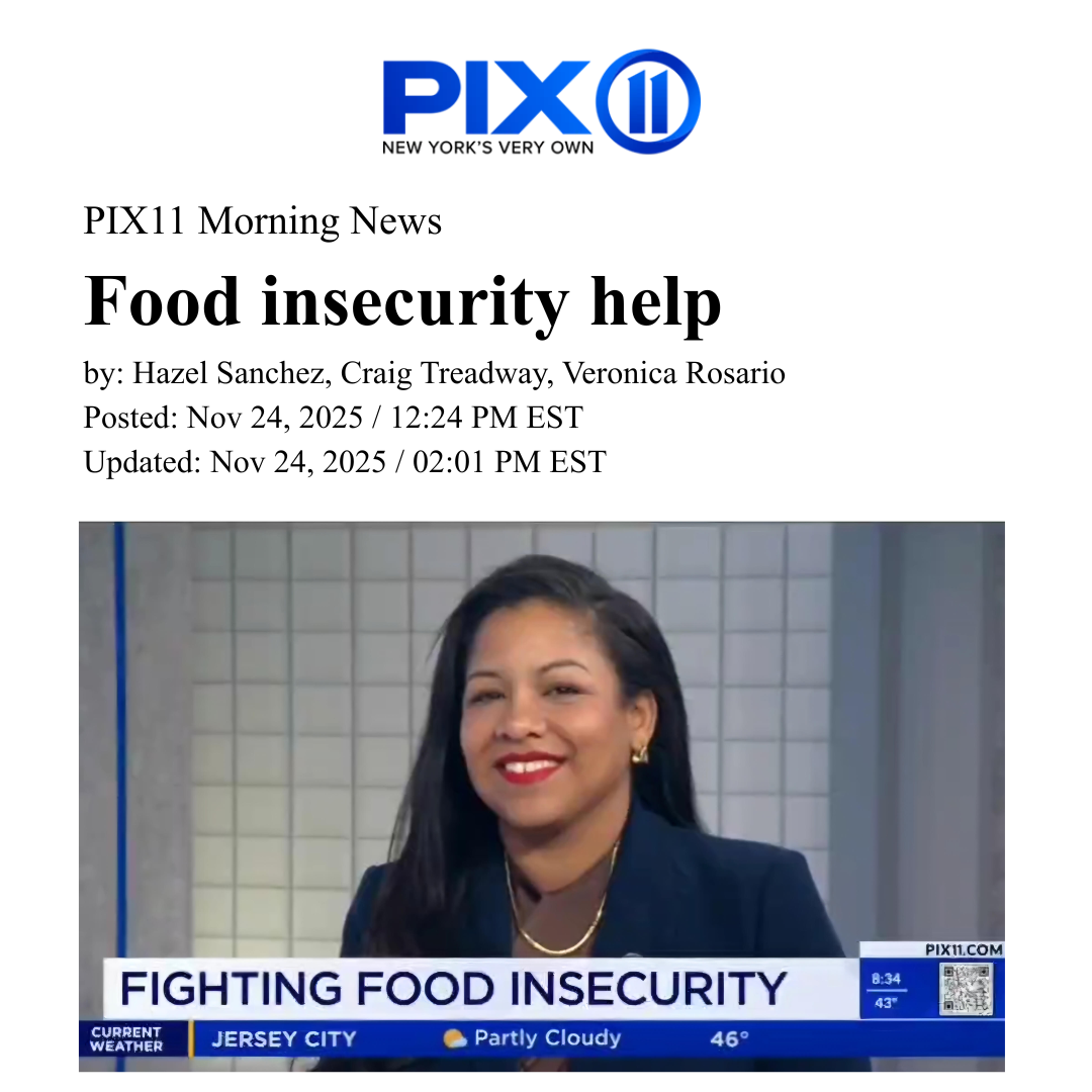 Screenshot of a news article from PIX11 with the headline 'Food insecurity help.' The article is dated November 24, 2025, and features a woman smiling on a news broadcast with a banner reading 'Fighting Food Insecurity' at the bottom.