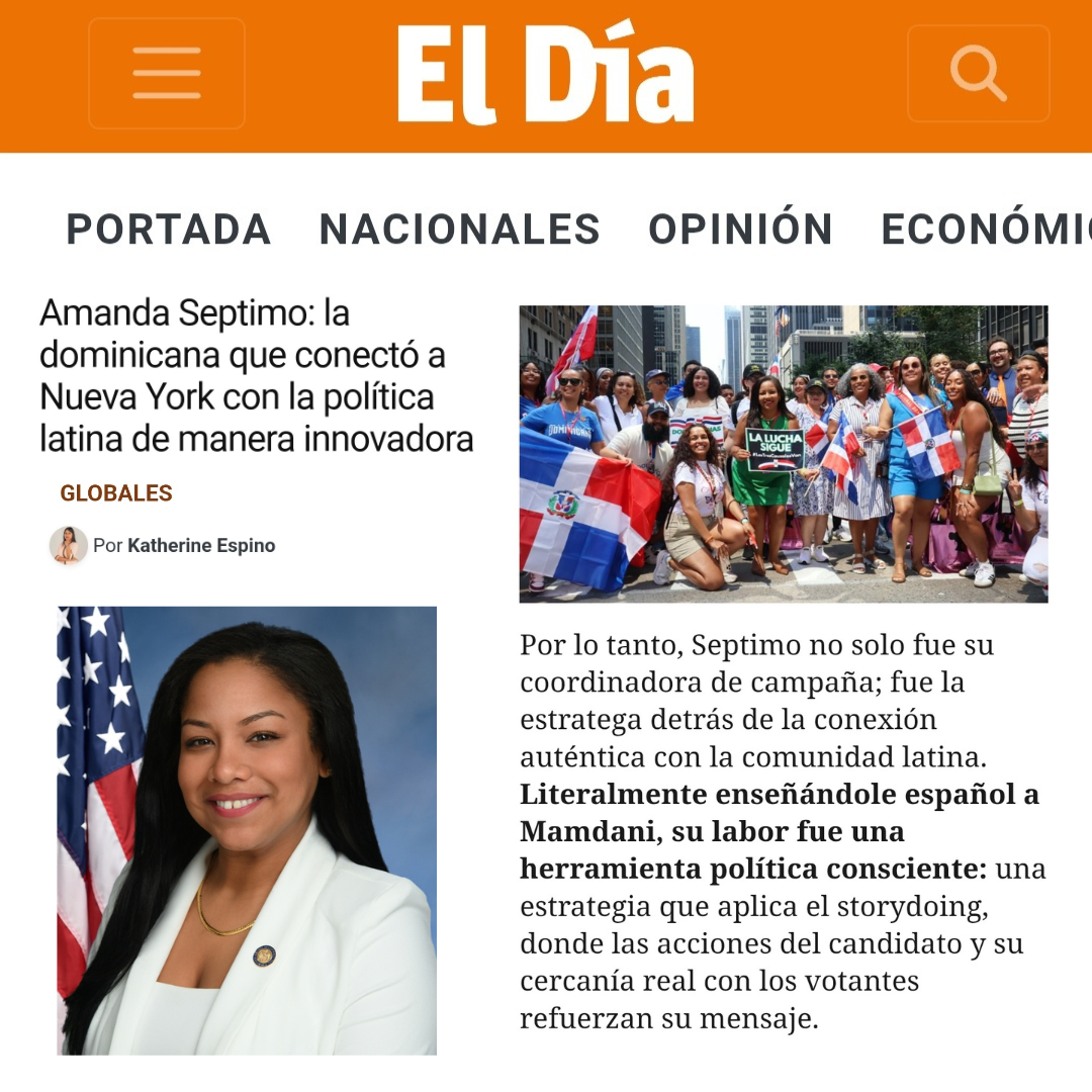 Screenshot of a news article from El Día, featuring a group of Dominican and other Latin American people holding Dominican flags, in a city street, participating in a demonstration or rally. The article discusses Amanda Septimo, her connection to the