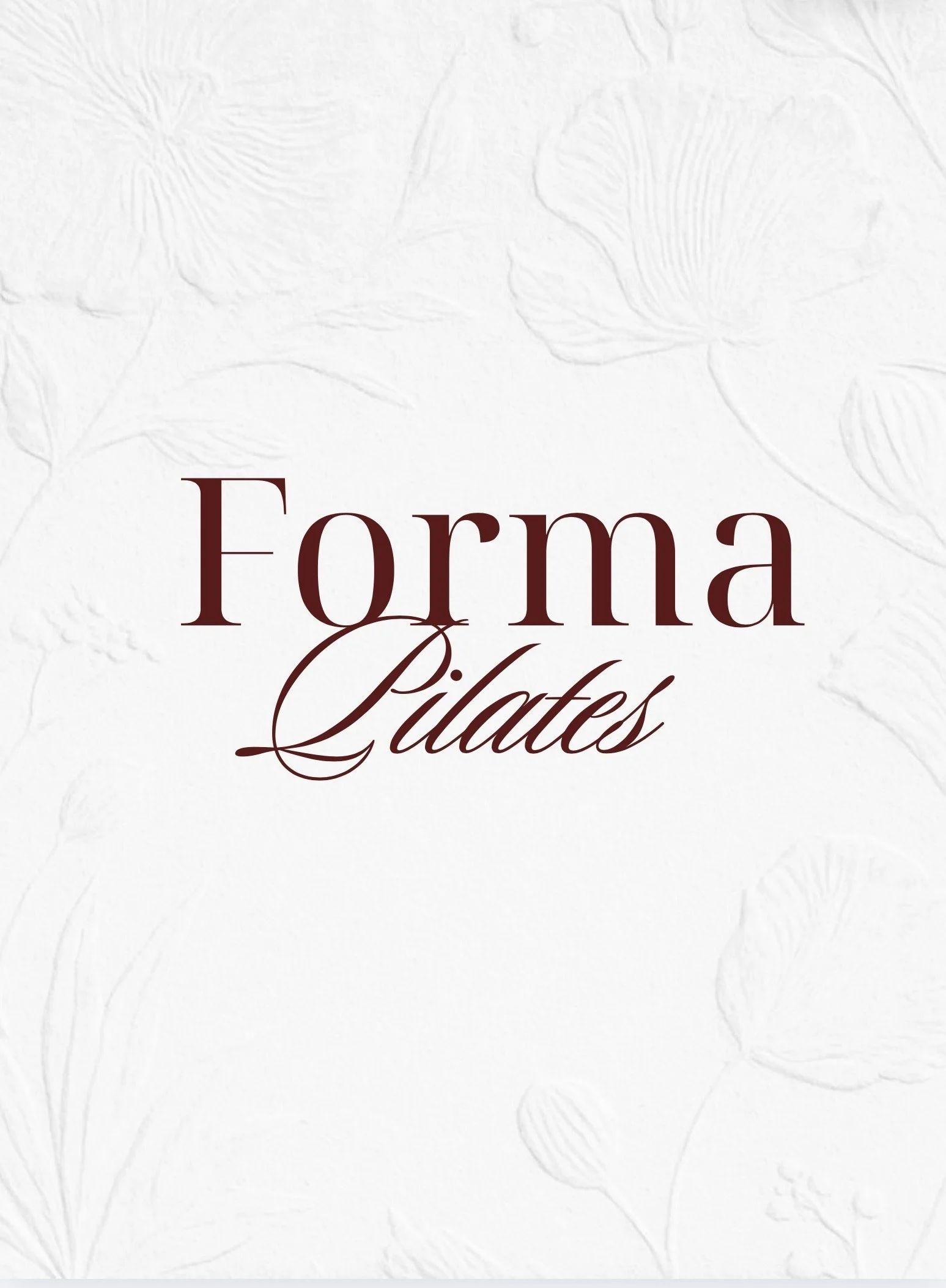 Book cover titled 'Forma Pilates' with a textured white background and subtle leaf patterns.