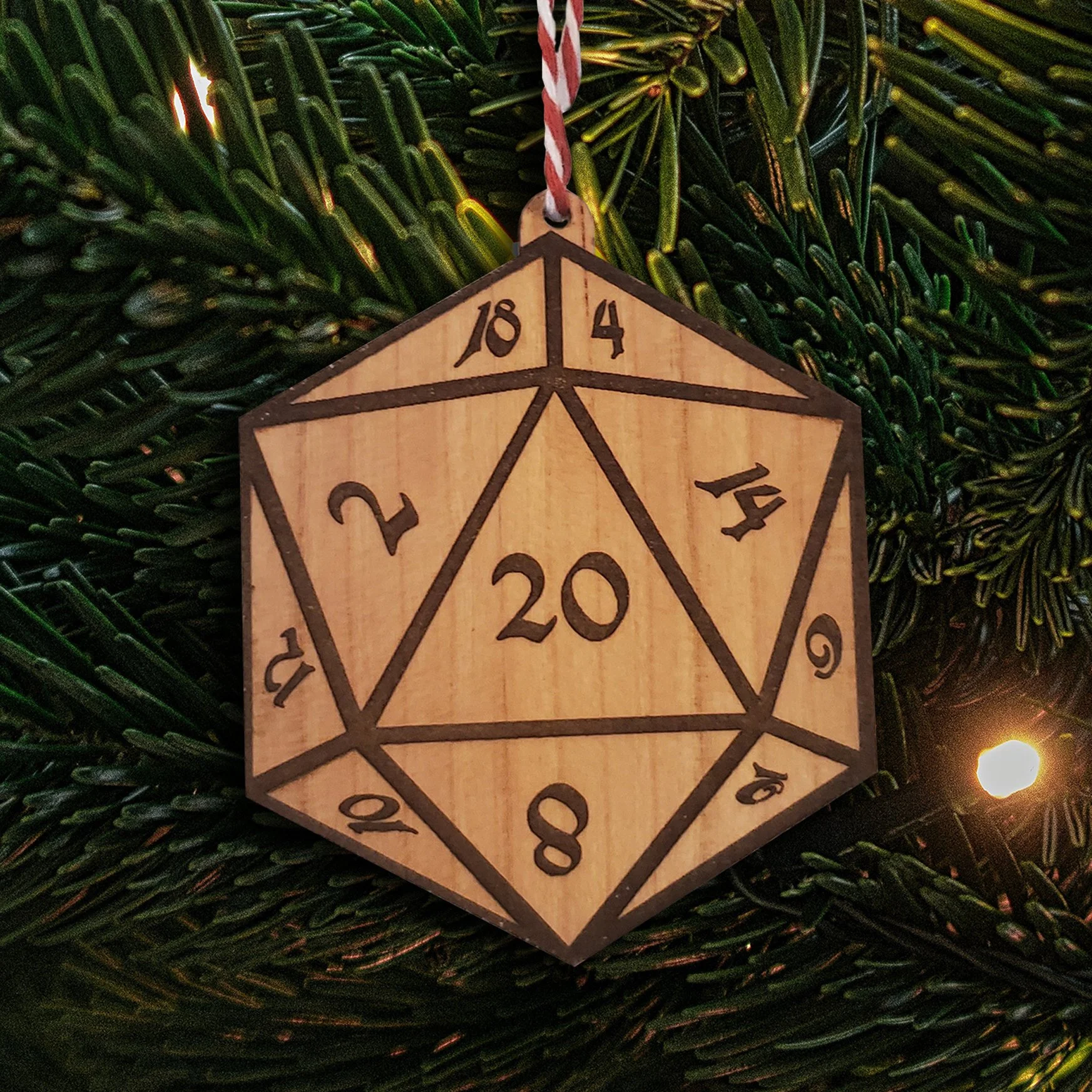 D20 wood christmas ornament