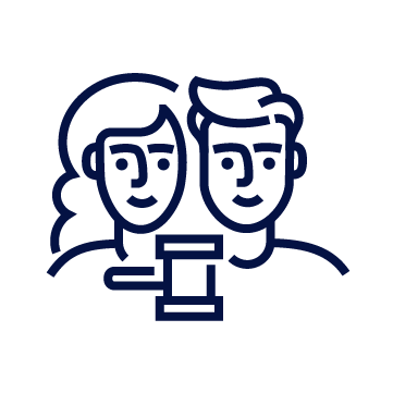 Line drawing of two people, a woman with long hair and a man with short hair, looking at a computer or screen together.