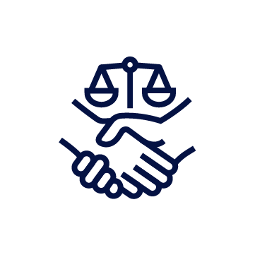 Symbol of a handshake below a balance scale, representing justice or legal agreement.