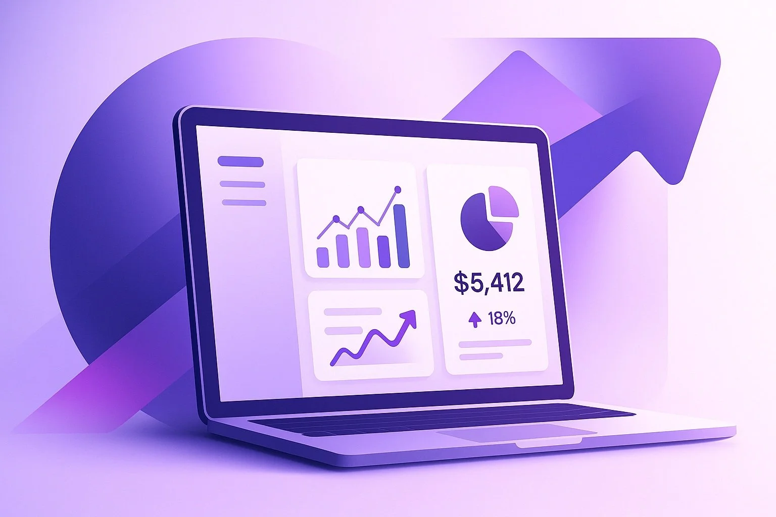 Illustration of a laptop displaying financial charts, graphs, and statistics, with a purple upward arrow in the background.