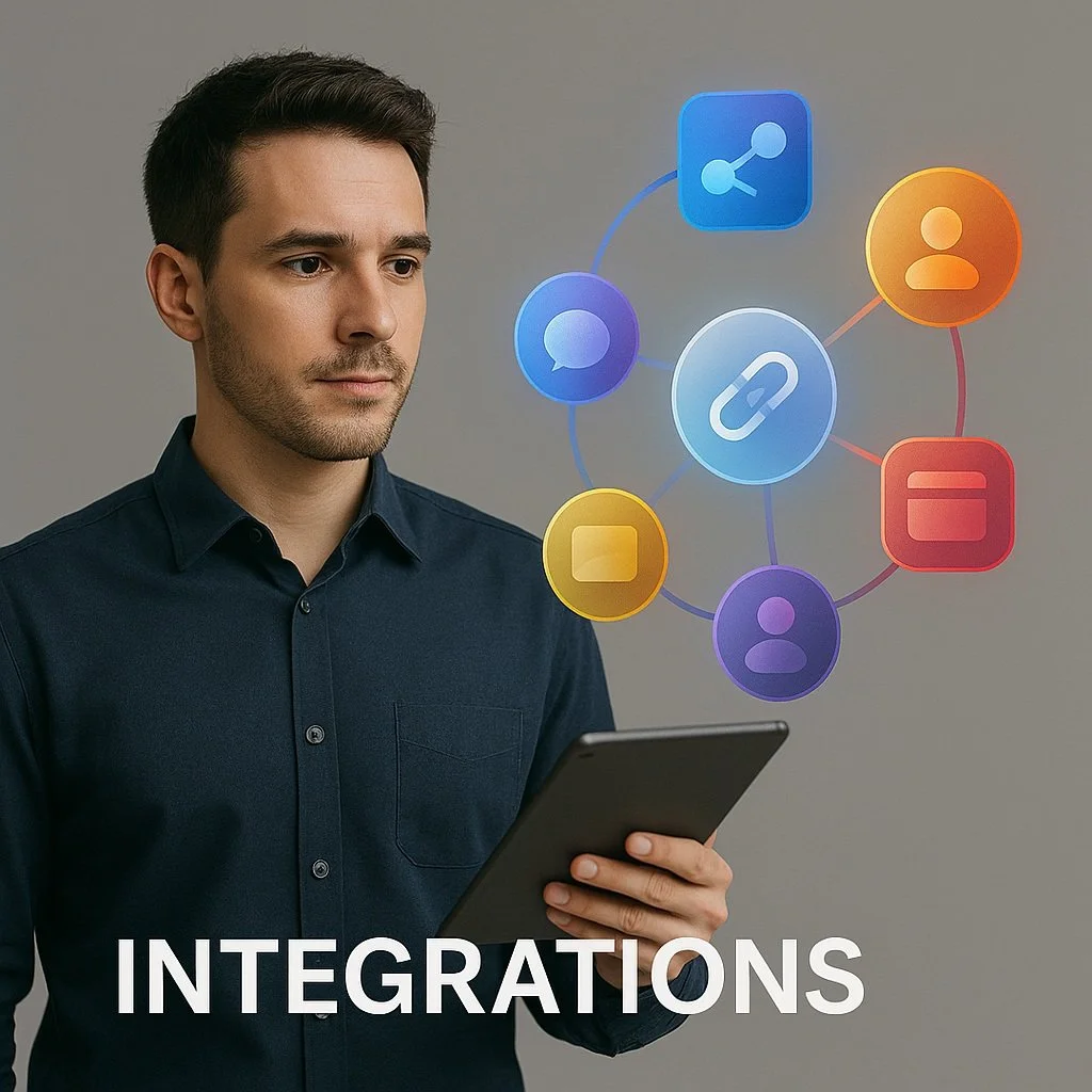 A man in a dark shirt holding a tablet, with digital icons related to communication and data sharing floating around him, and the word 'INTEGRATIONS' at the bottom.