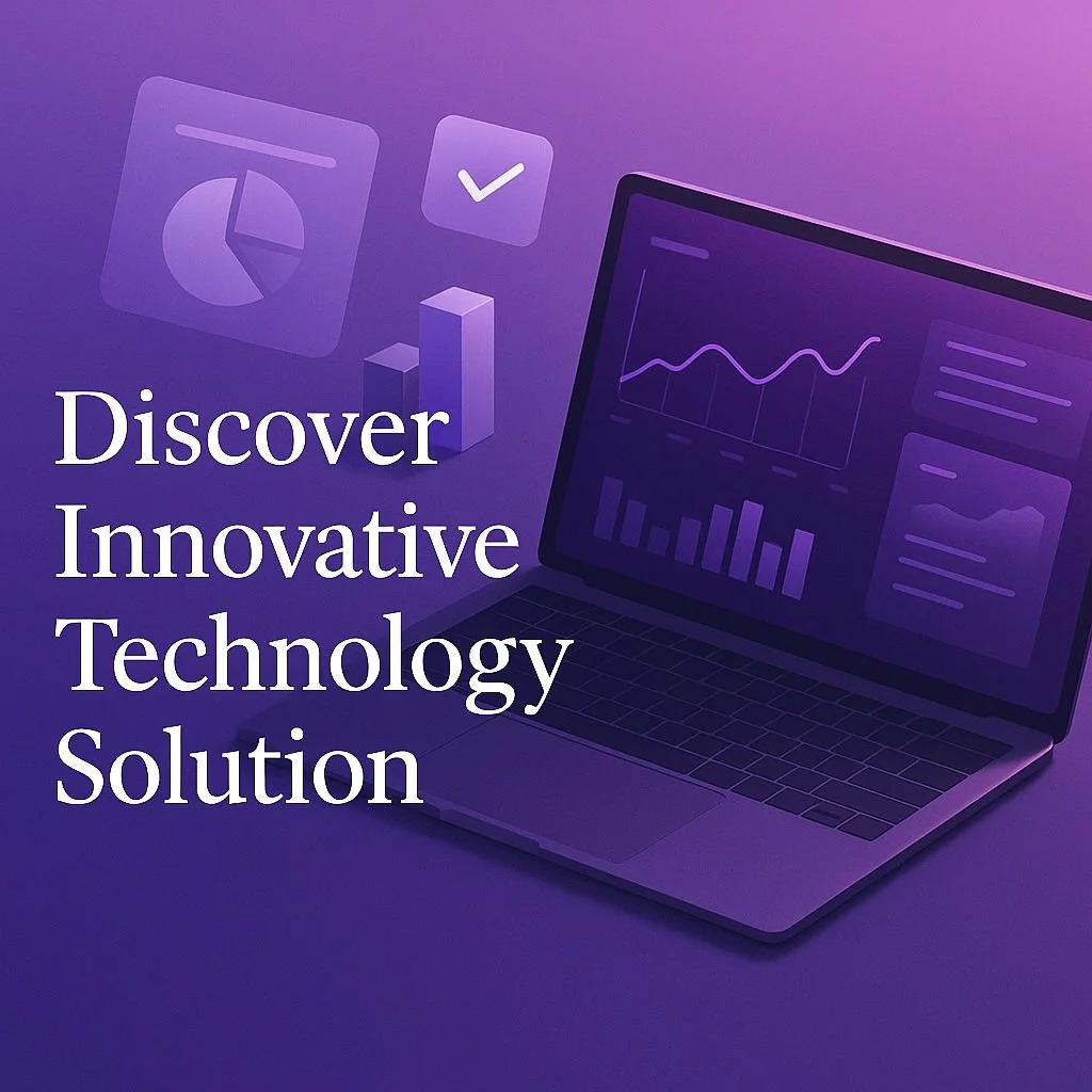 A laptop showing graphs and charts on the screen, with floating icons of a pie chart, bar chart, and a check mark, against a purple background. Text reads "Discover Innovative Technology Solution."