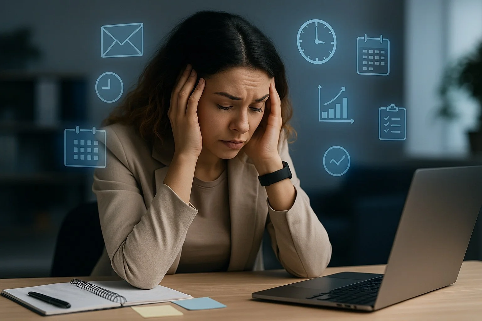 A stressed woman holding her head in front of a laptop with floating icons representing emails, clocks, calendars, charts, and checklists.