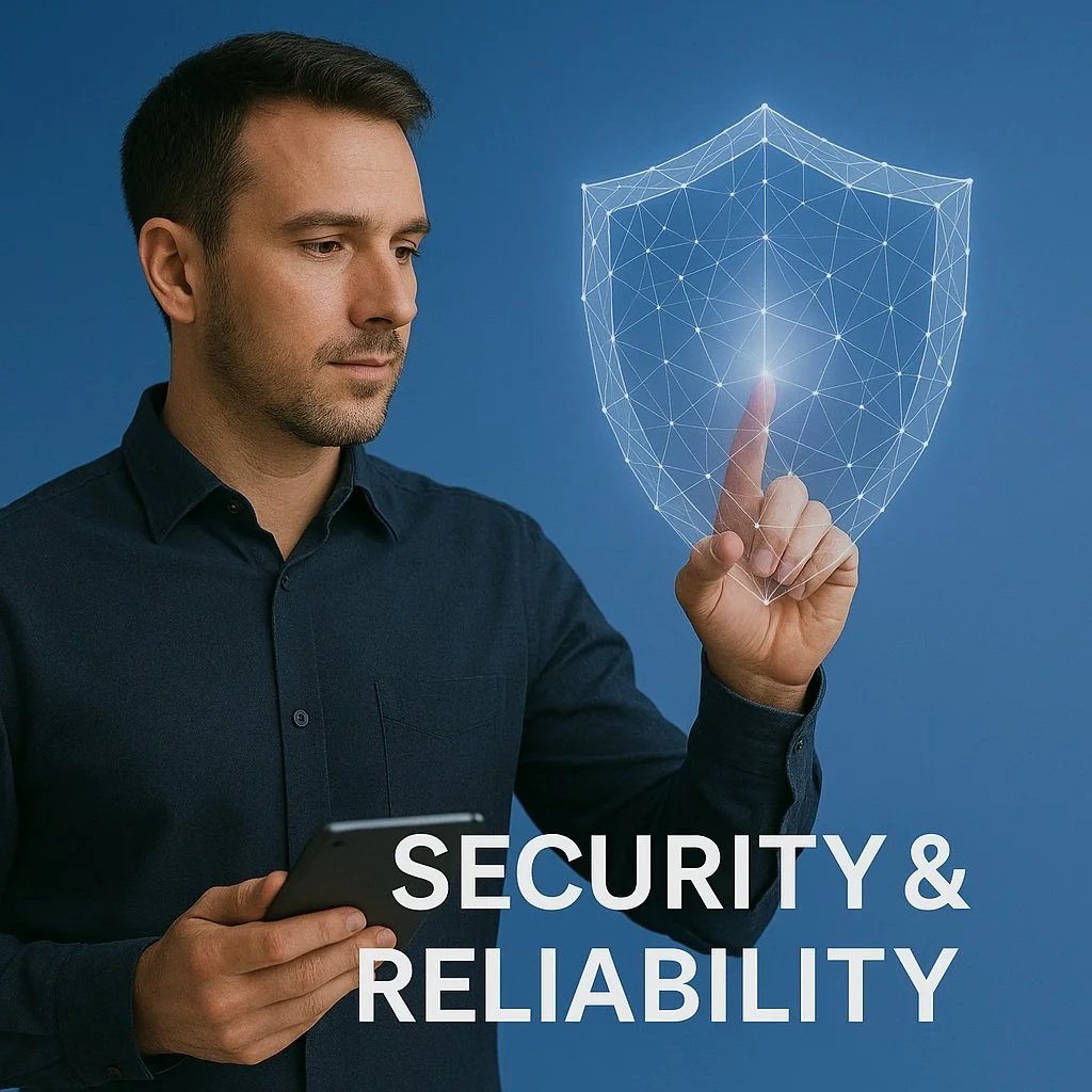 A man in a dark blue shirt holding a smartphone while touching an illuminated digital shield graphic with his finger against a blue background, with the text 'Security & Reliability' at the bottom.