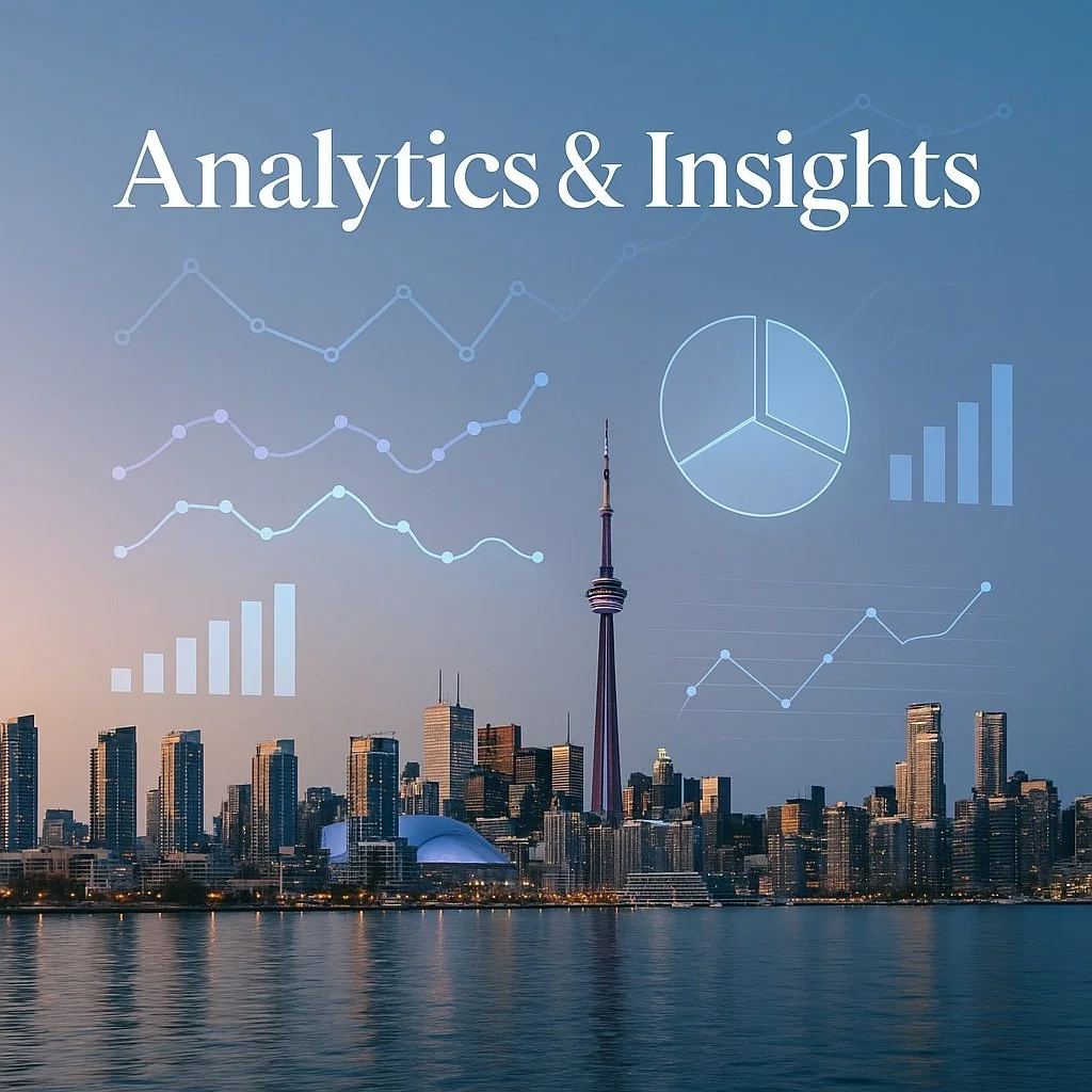 Skyline of Toronto city with the CN Tower, overlaid with data analytics graphics and the text 'Analytics & Insights'.