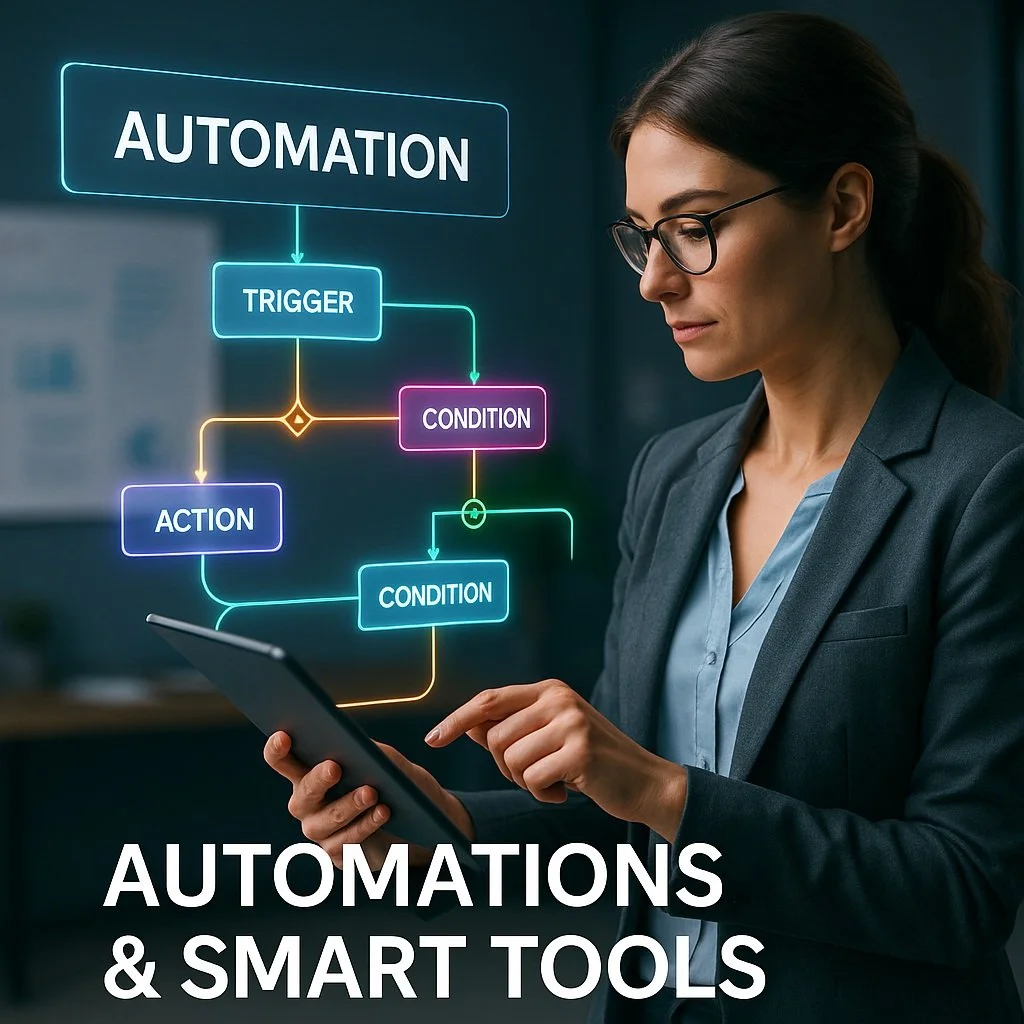 A woman in business attire with glasses looking at a tablet, digital flowchart of automation processes with blocks labeled 'Trigger,' 'Condition,' 'Action,' and 'Automation,' and the text 'Automations & Smart Tools' at the bottom.
