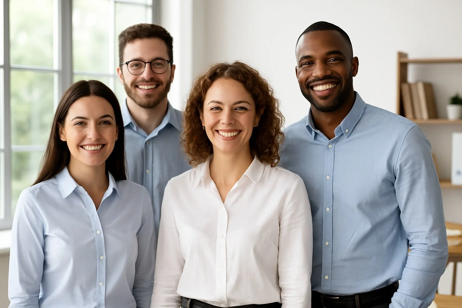 Group of four diverse young professionals smiling indoors with bright natural light.