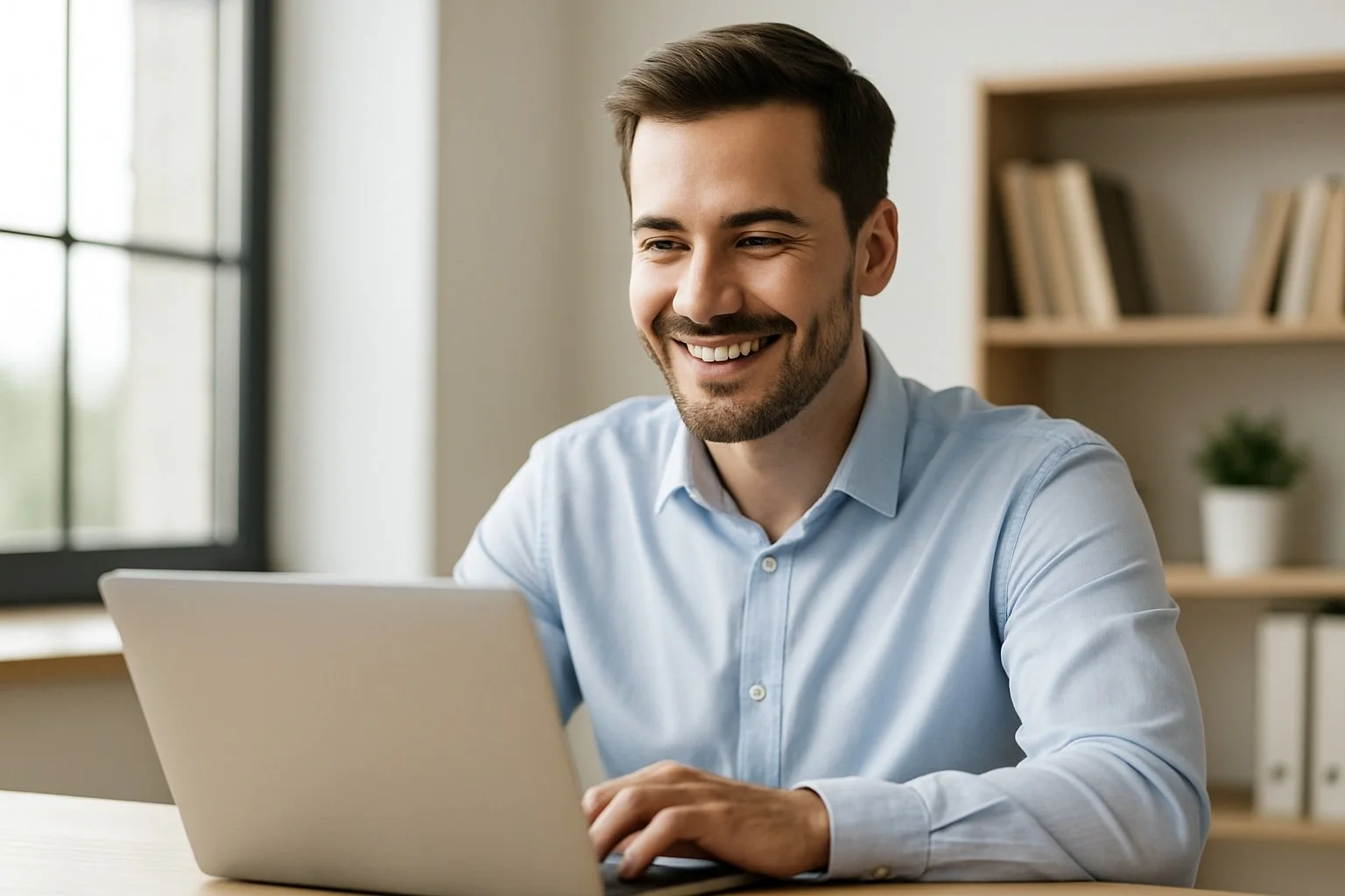 A young man with dark hair, a beard, and light blue dress shirt sitting at a desk, smiling while using a laptop computer in a bright room with a window and bookshelf in the background.