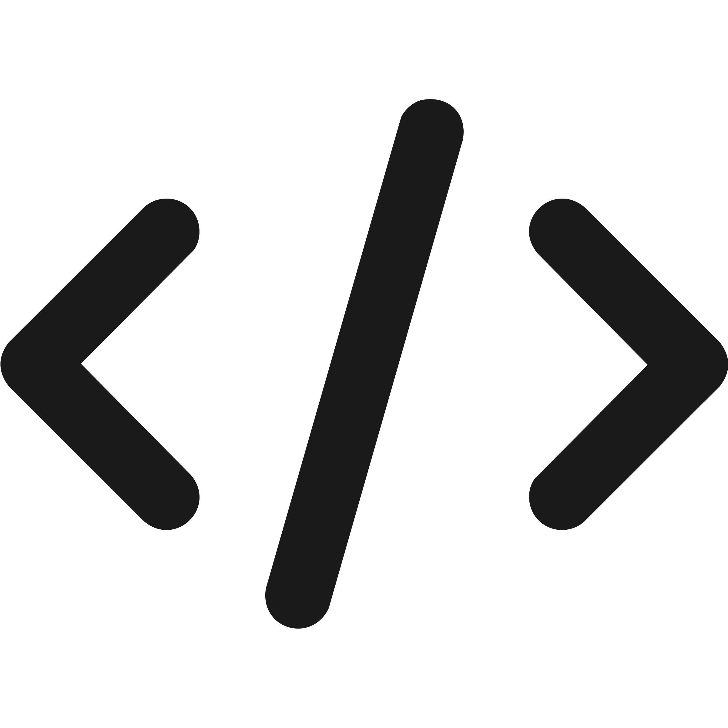 A black background with a large, centrally located icon of left and right angle brackets separated by a vertical slash, representing code or programming.