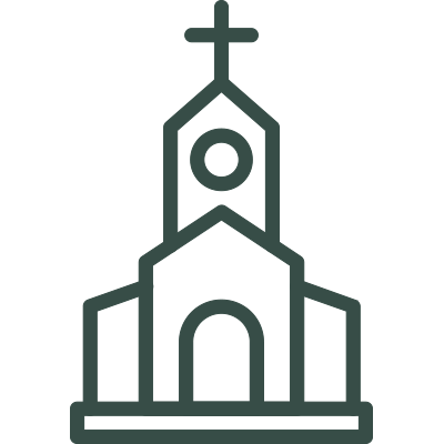 Line drawing of a church with a cross on top.