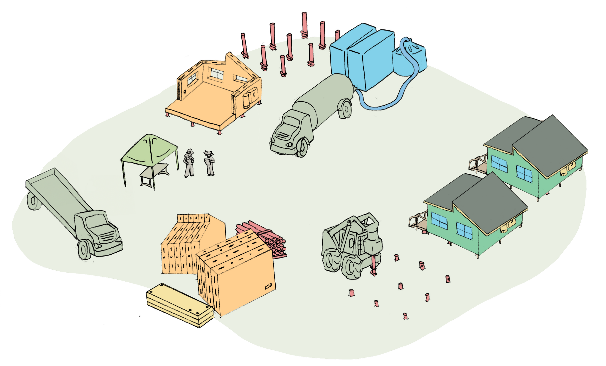 A digital illustration of a residential construction site with houses, construction vehicles, equipment, and workers.