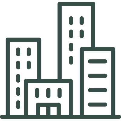 Line drawing of a city skyline with various tall buildings.