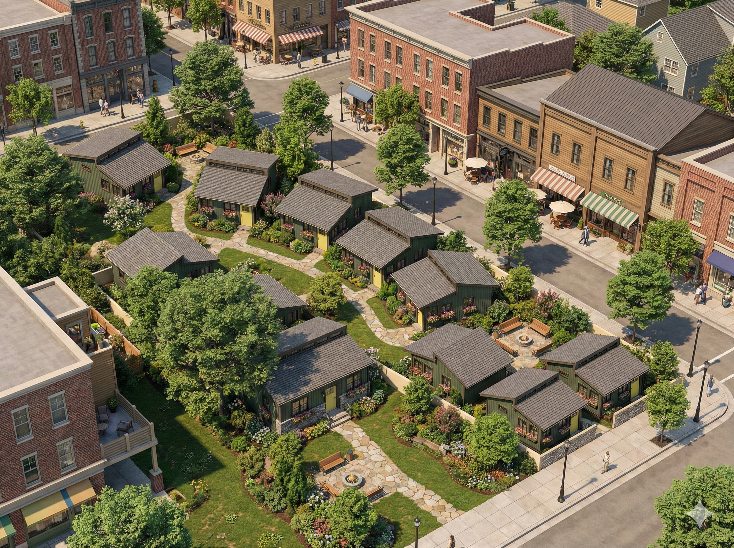An aerial view of a small residential community with tiny houses surrounded by greenery, along with a nearby commercial street with shops, outdoor seating, and pedestrians.