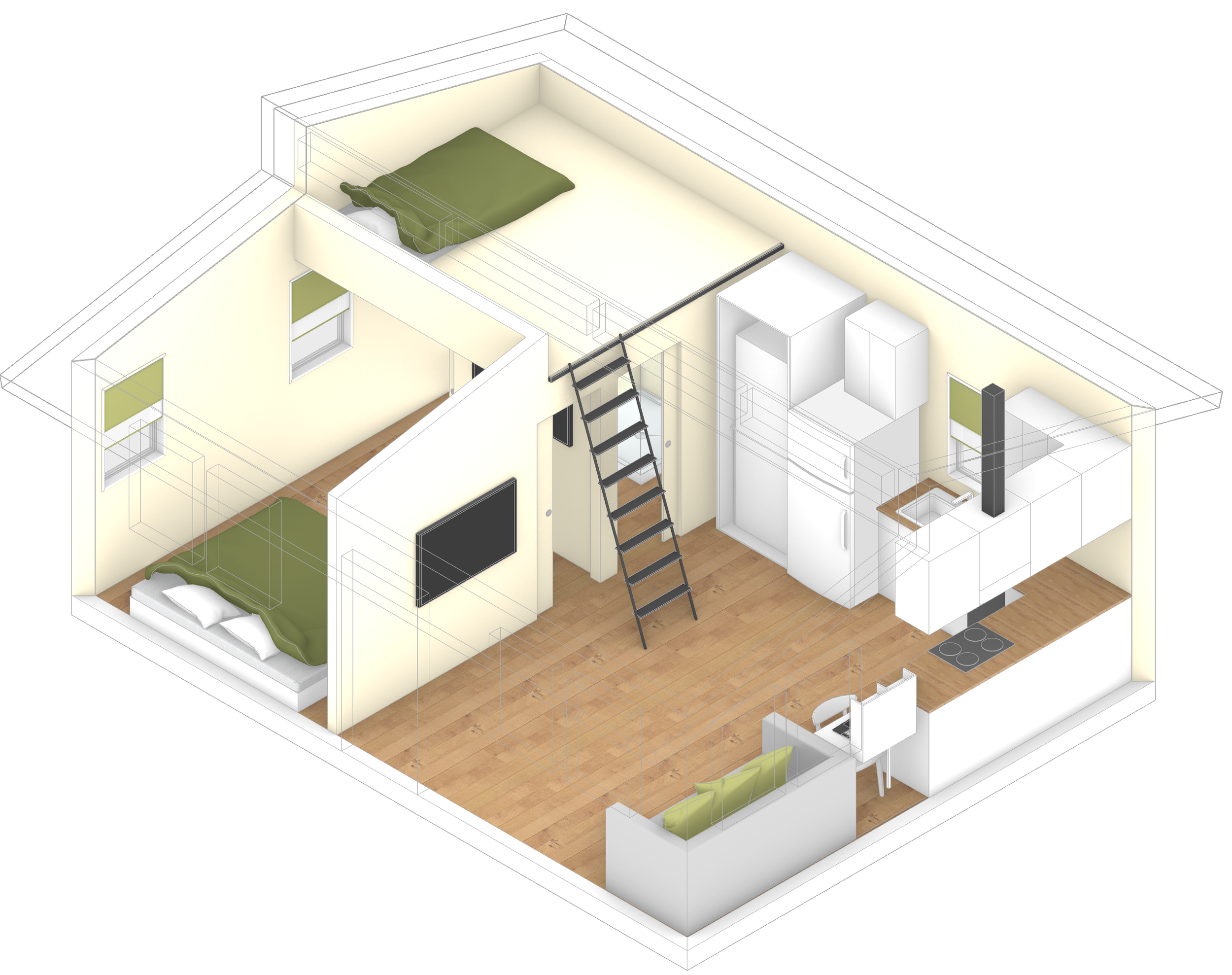 3D floor plan of a small apartment with a bedroom, living area, kitchen, and a loft with a bed accessed by a black ladder.