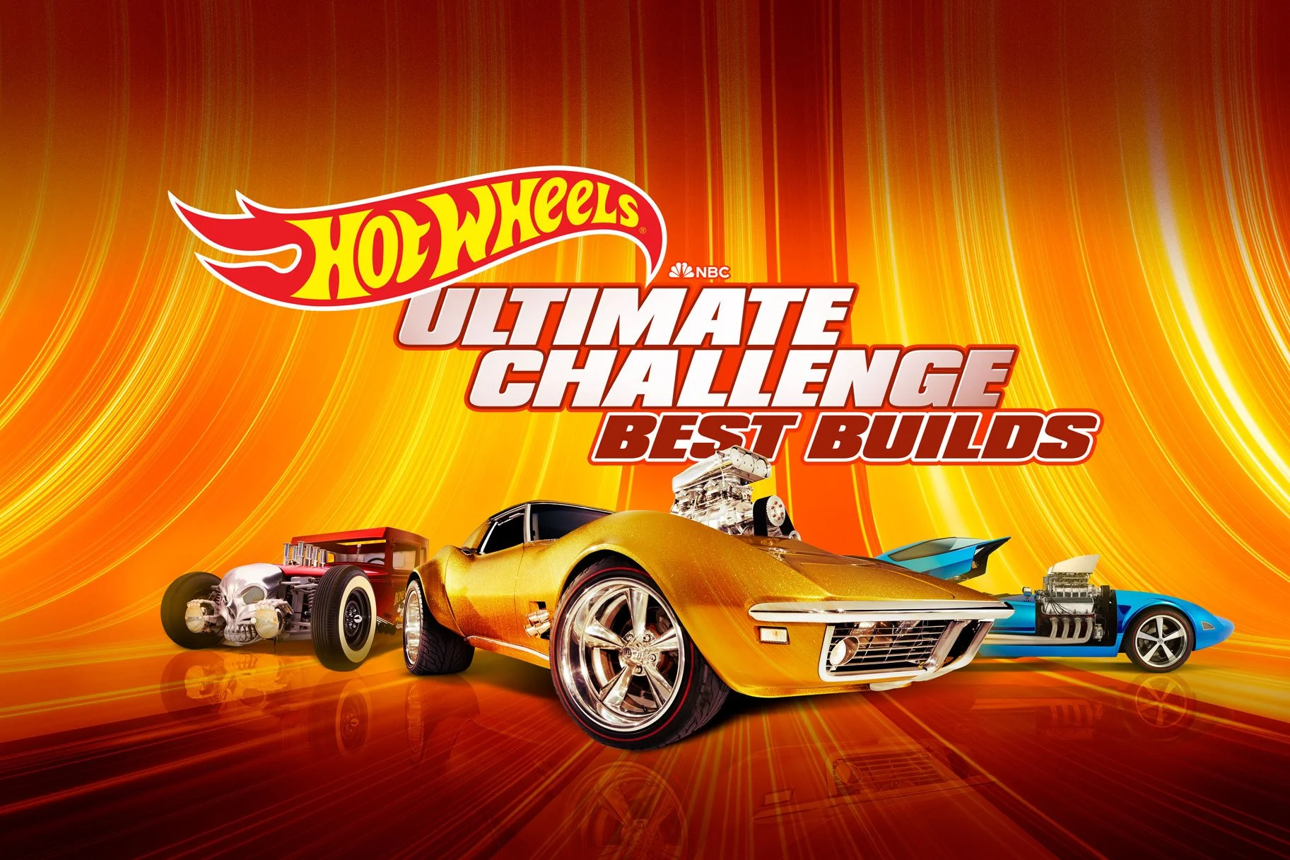 Logo of Hot Wheels with the text 'Ultimate Challenge: Ultimate Challenge', featuring a background with streaks of orange, yellow, and red, and showcasing various customized racing cars.