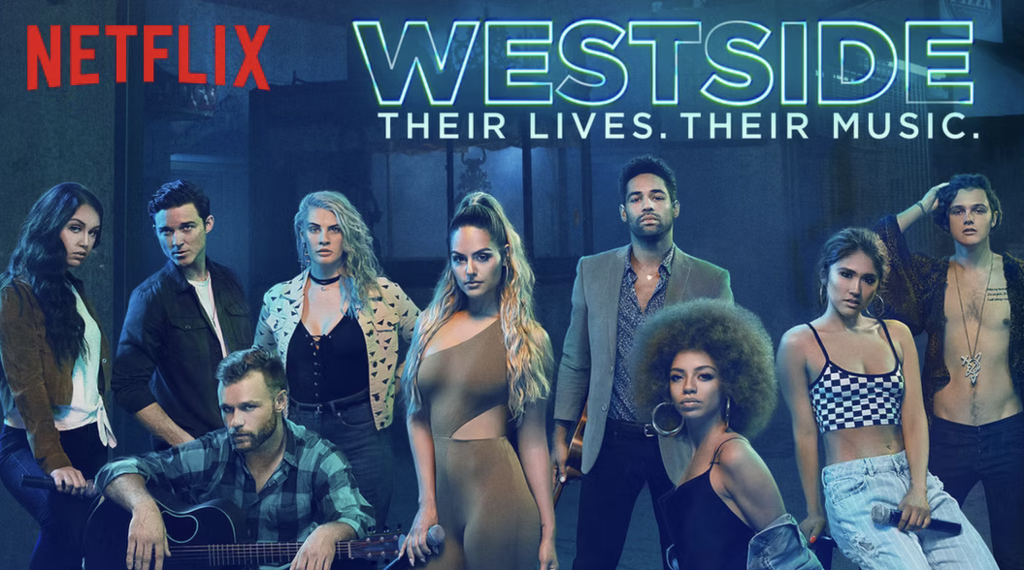 Poster for Netflix series 'West Side' showing multiple young performers standing together, with the text 'West Side' and 'Their Lives. Their Music.'