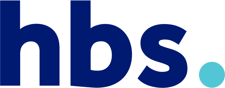 Close-up of the 'hbs' logo with a blue dot on a white background.