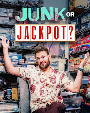 Man with a beard and casual shirt shrugging in a cluttered storage room with shelves of various items, with bold text overlay asking, 'JUNK or JACKPOT?'.