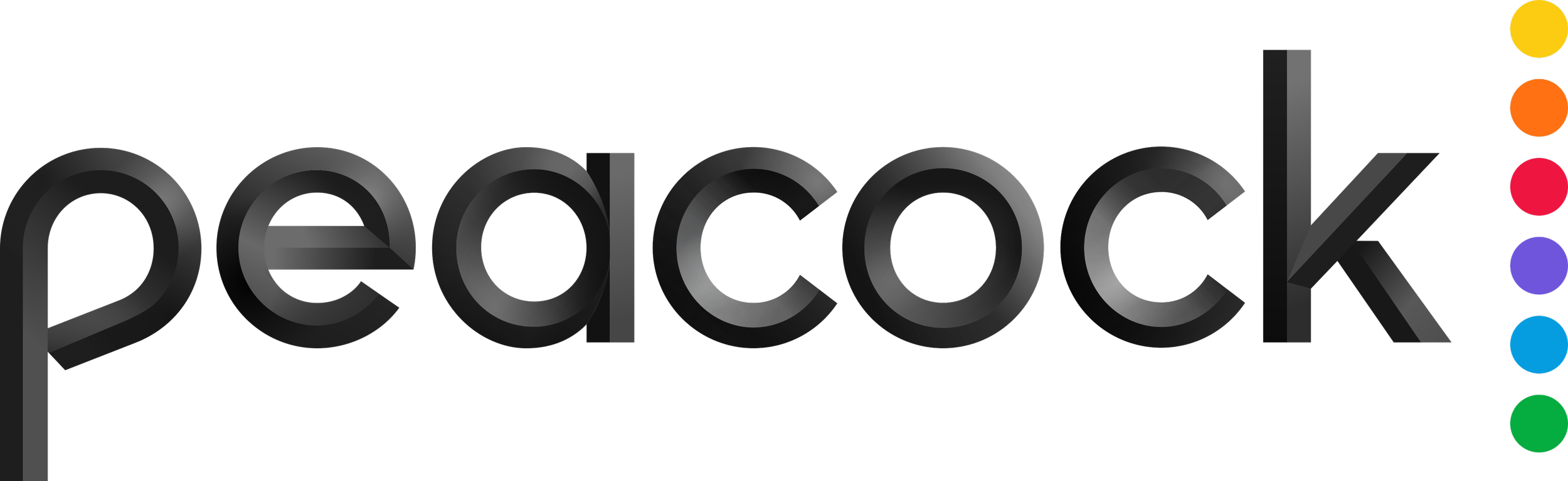 The Peacock logo featuring black text with a rainbow-colored vertical line of dots on the right side, with each dot in orange, red, purple, blue, and green.