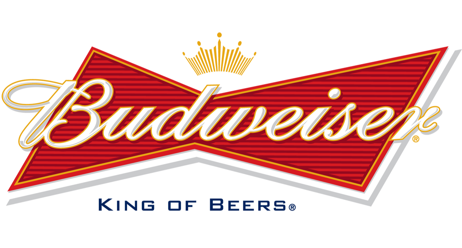 Budweiser beer logo with red bowtie shape, gold crown, and blue text reading 'King of Beers.'