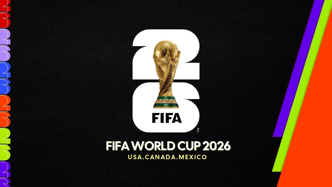 FIFA World Cup 2026 logo with a gold trophy in the center, featuring the number 26 and FIFA text, against a black background with colorful borders.