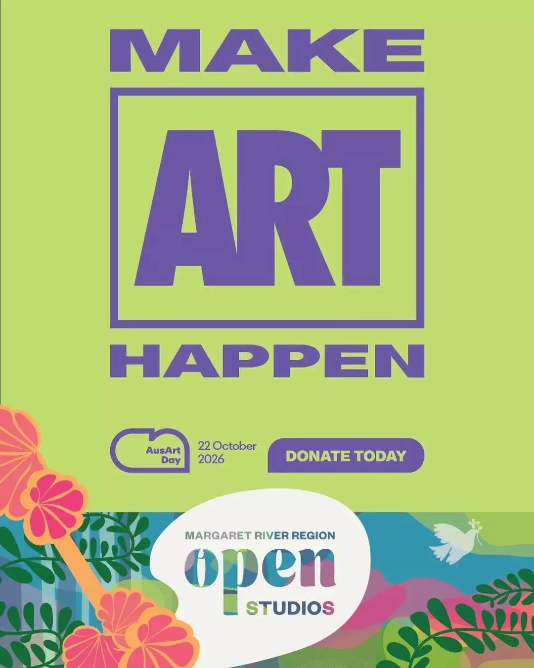 AusArt Day is a national day of giving for the arts.
Over 340 artists and arts organisations are taking part. 

👀Find a project you love
💪🏽Back a project you love
✅Make Art Happen

Here at Margaret River Region Open Studios we'd love your support 