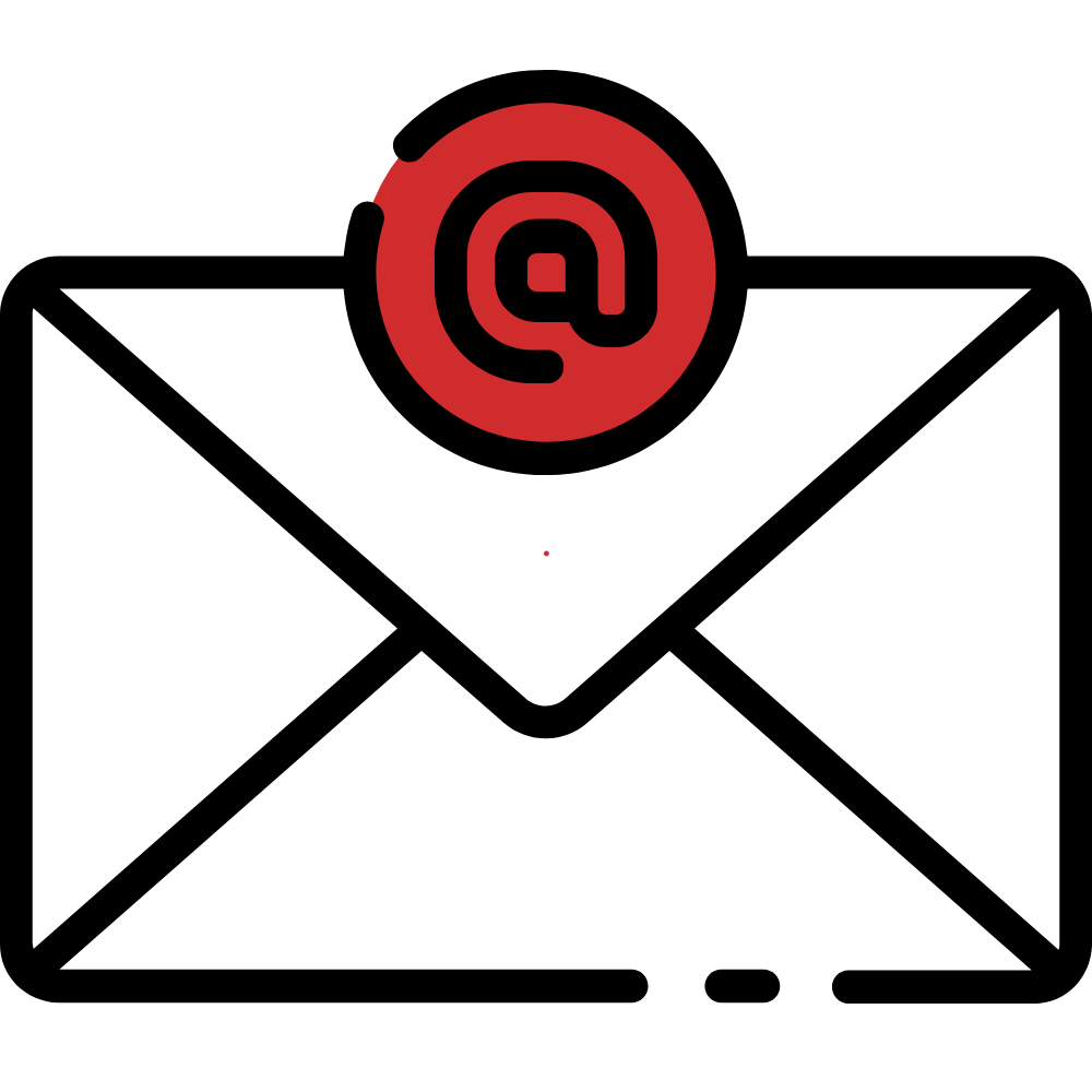 An envelope with a red circular stamp on top containing an at symbol '@'.