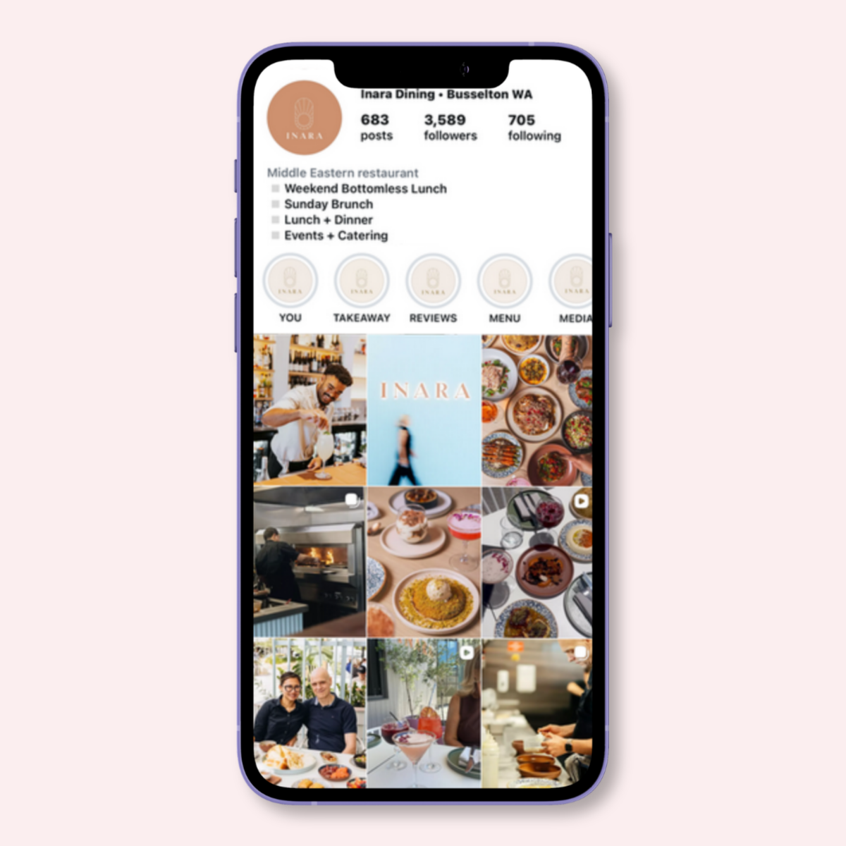 Instagram profile page for Inara Dining, a Middle Eastern restaurant in Busselton, WA. The page features photos of food, staff, and the restaurant interior, along with menu sections and event info.