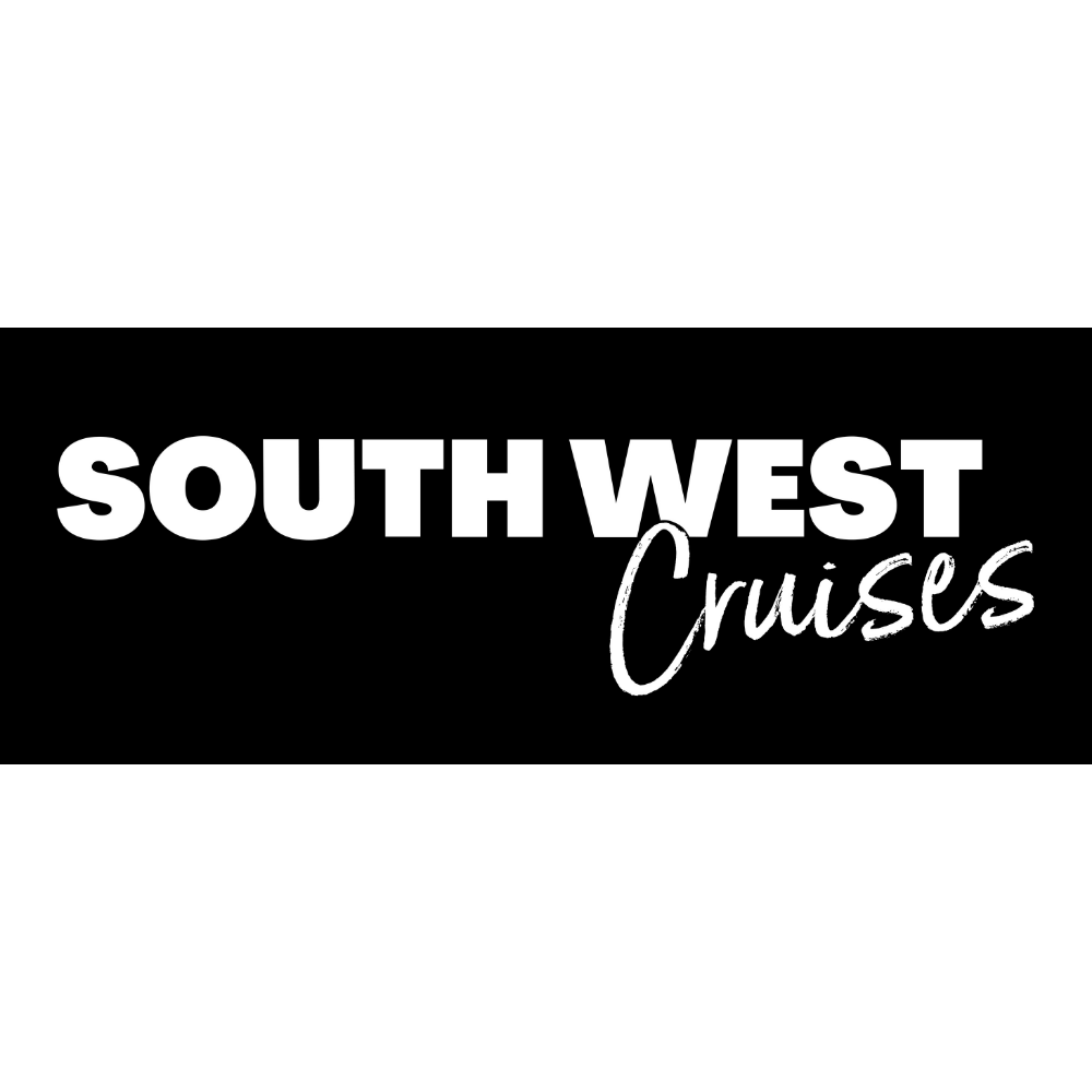 Black background with white text reading "South West Cruises," with "South West" in bold uppercase letters and "Cruises" in a handwritten script style.