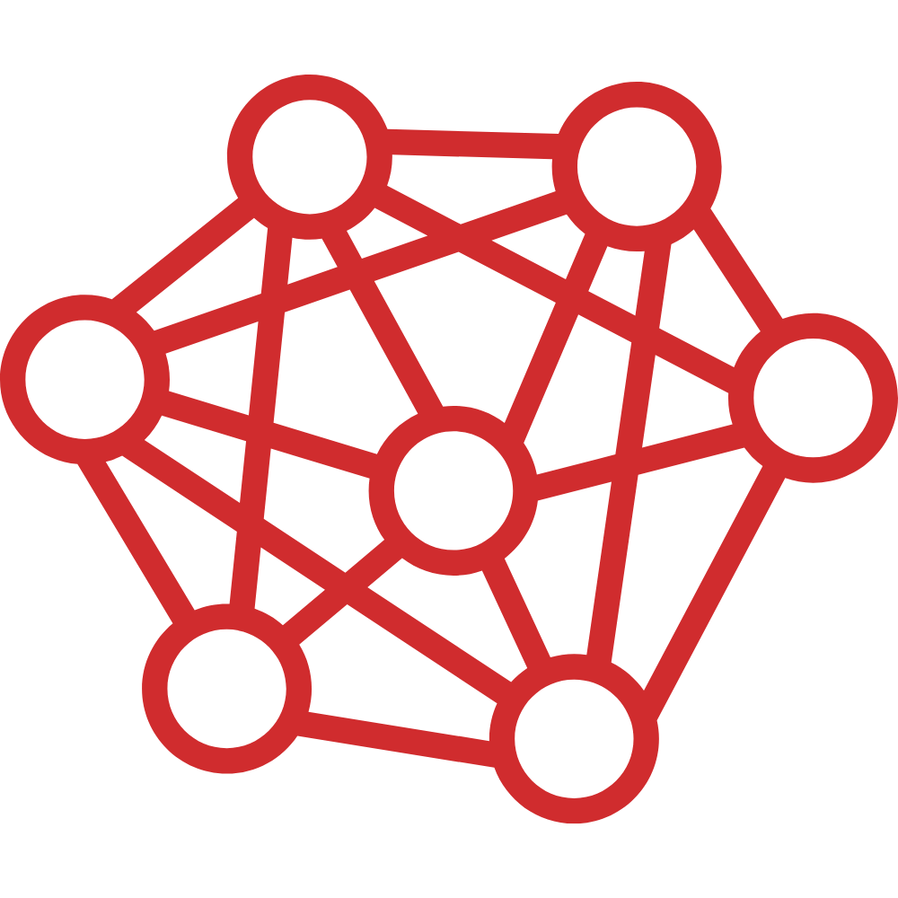 A diagram of a neural network with interconnected nodes and pathways outlined in red.